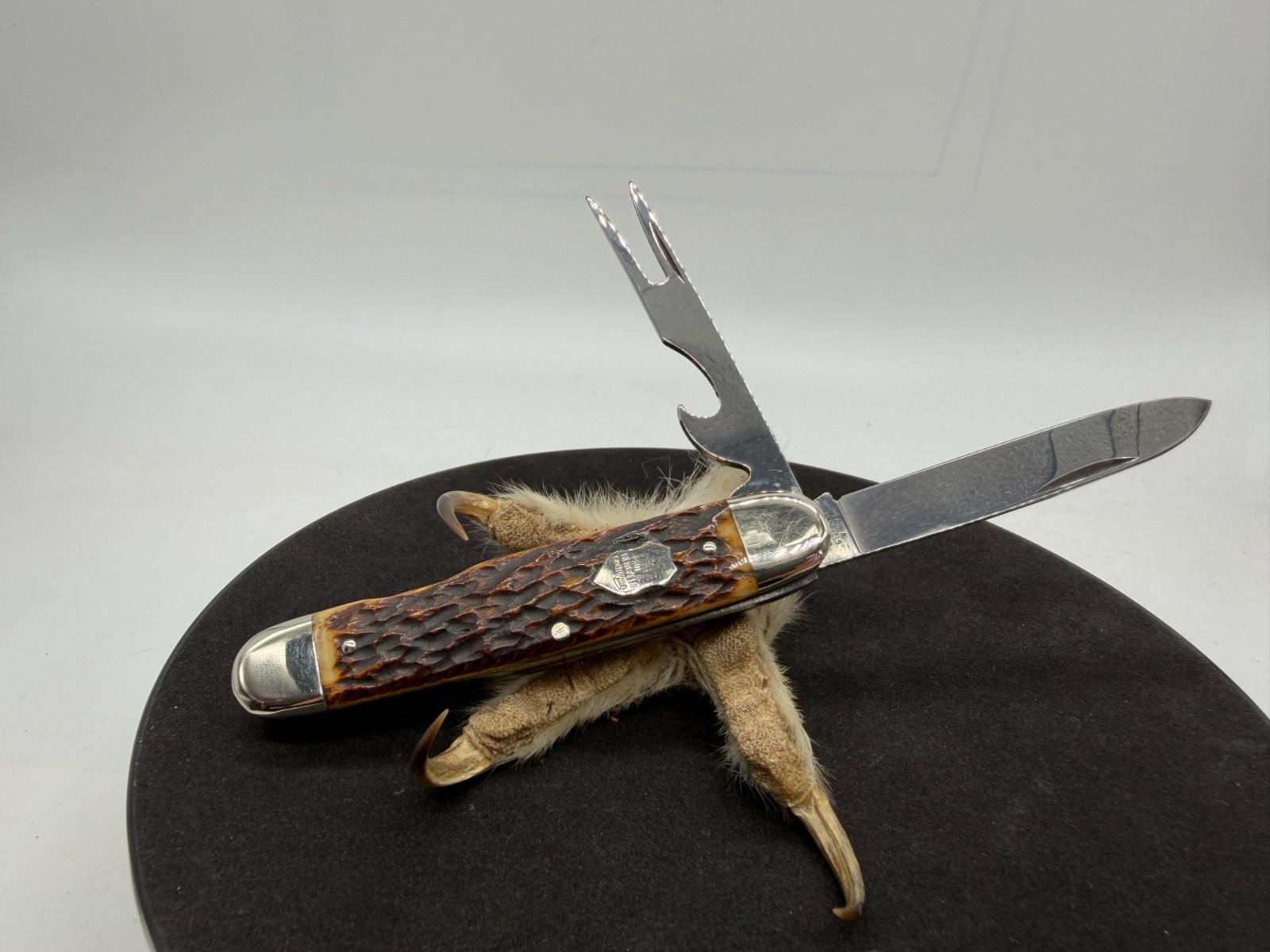 Vintage Paul A Henckels Solingen Hobo Knife Fork Opener Jigged Bone Germany