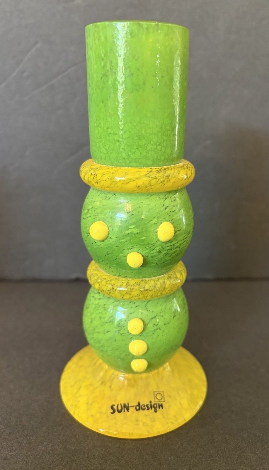 Vintage C.A.G. Karolina Art Glass Candleholder Green Yellow Snowman Czech 6”