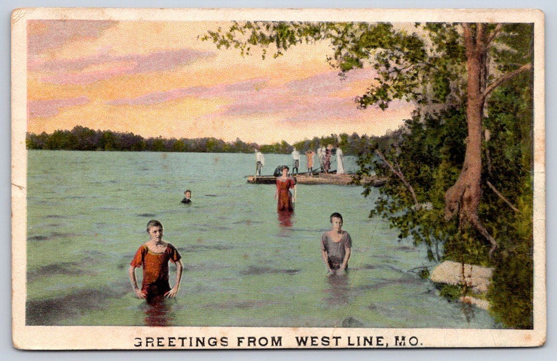 Antique Missouri Postcard WEST LINE Swimmers in Lake 1916 Antique Missouri Postcard WEST LINE Swimmers in Lake 1916