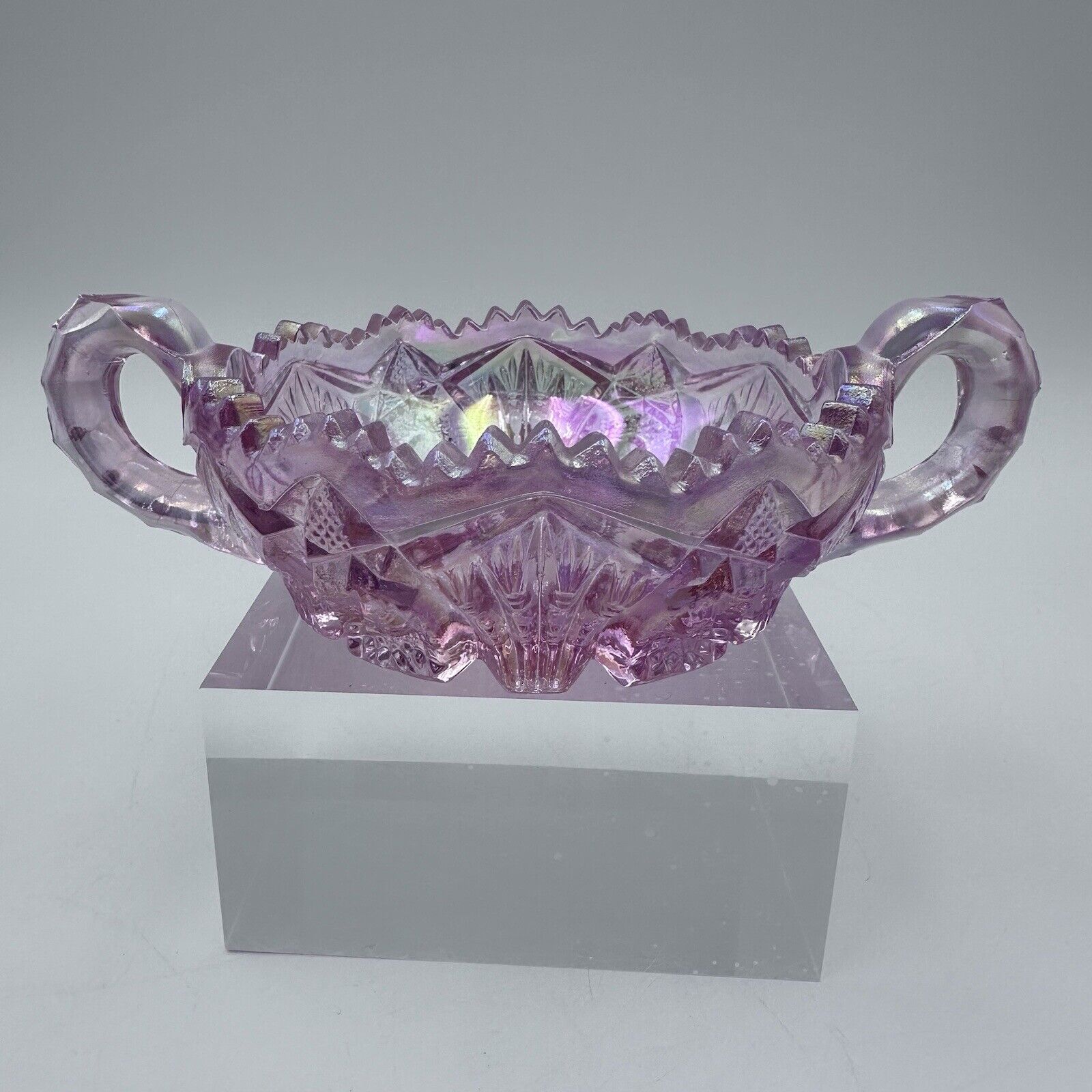 L.E. Smith Pink Stars Fans Iridescent Carnival Glass Two-Handled Nappy Dish 212