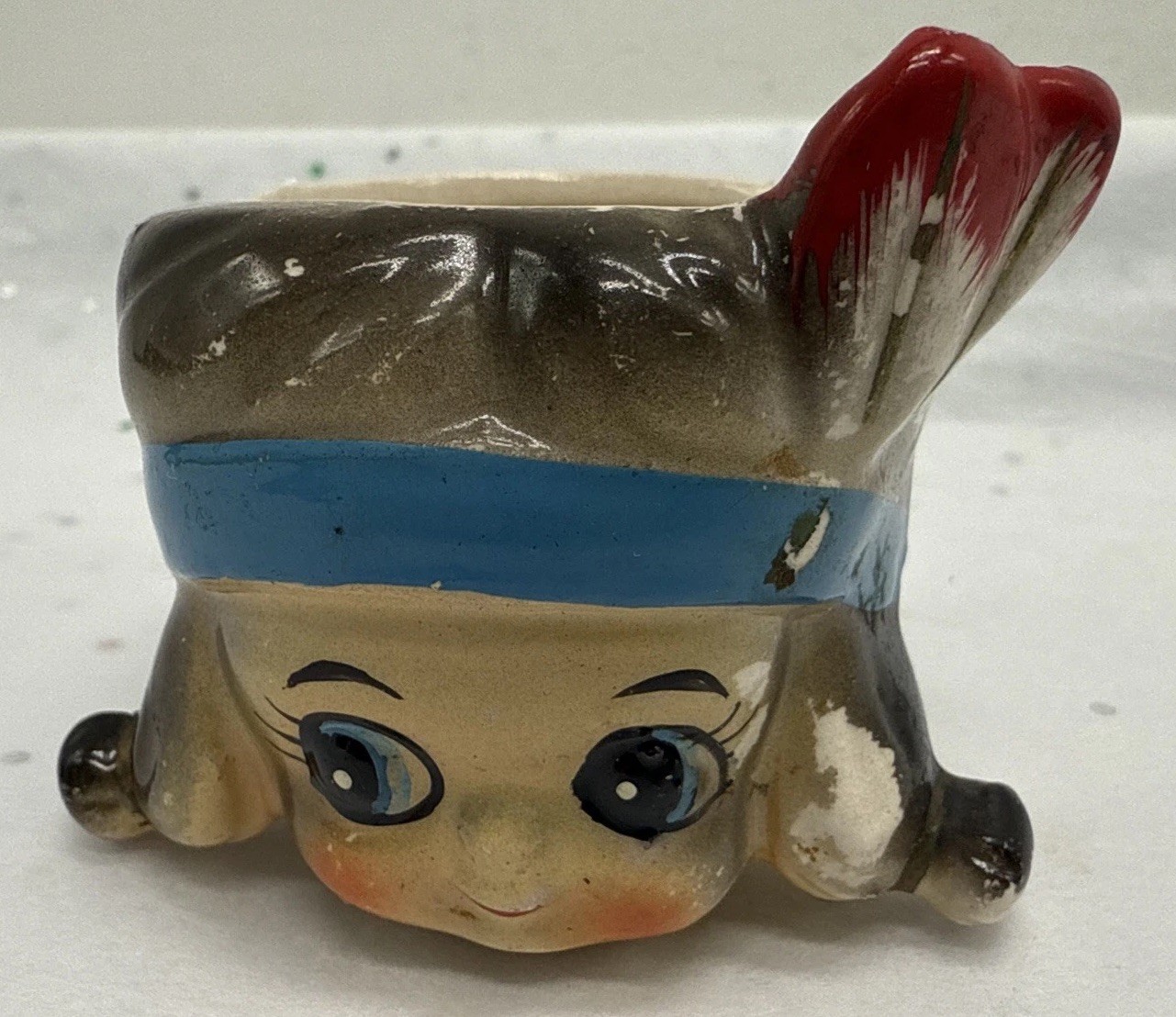 Vintage Painted Japanese Ceramic Small Native American Head Vase Souvenir~1.5”