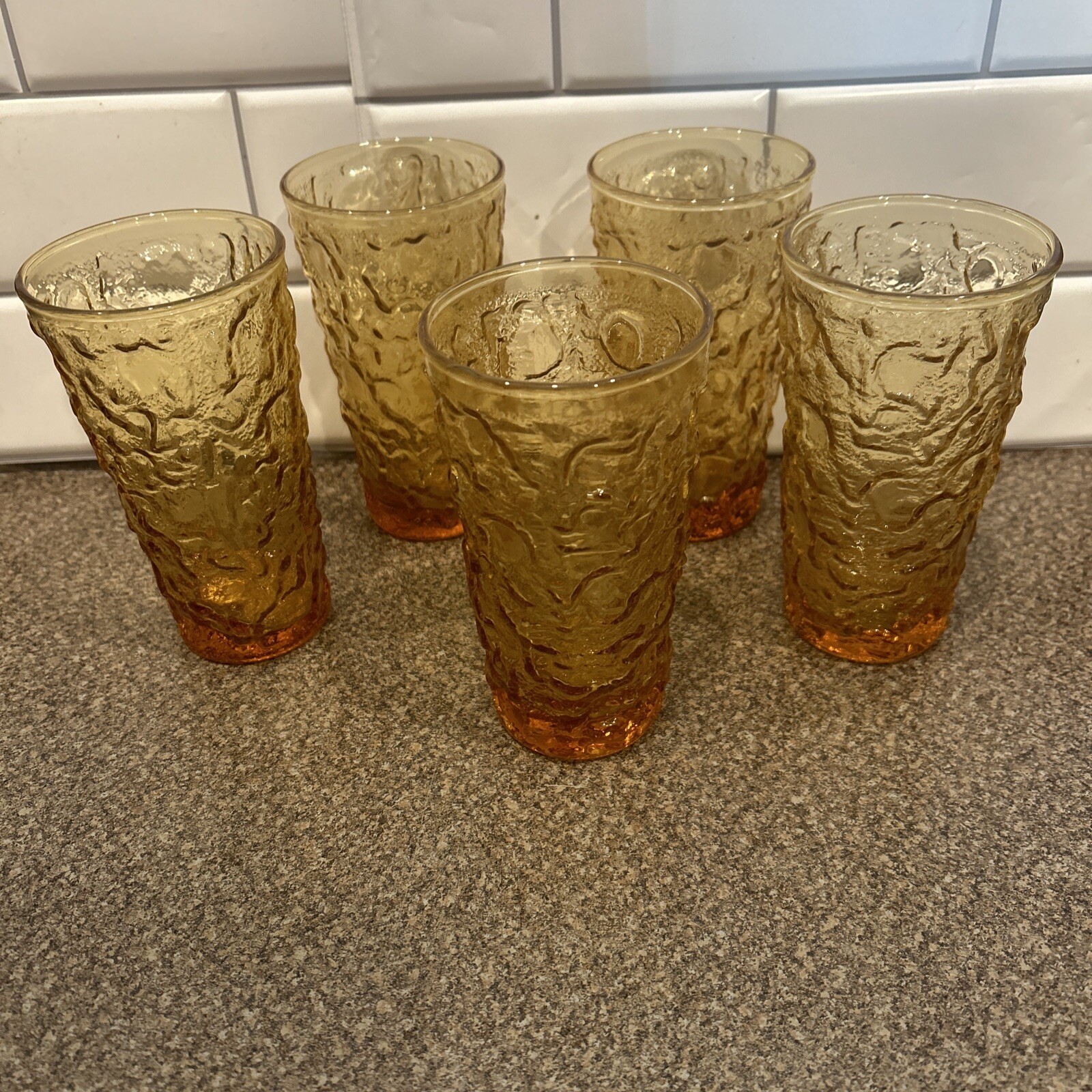 VTG MCM Anchor Hocking 5 Amber Lido Milano Gold Crinkle Drinking Glasses 12 oz.