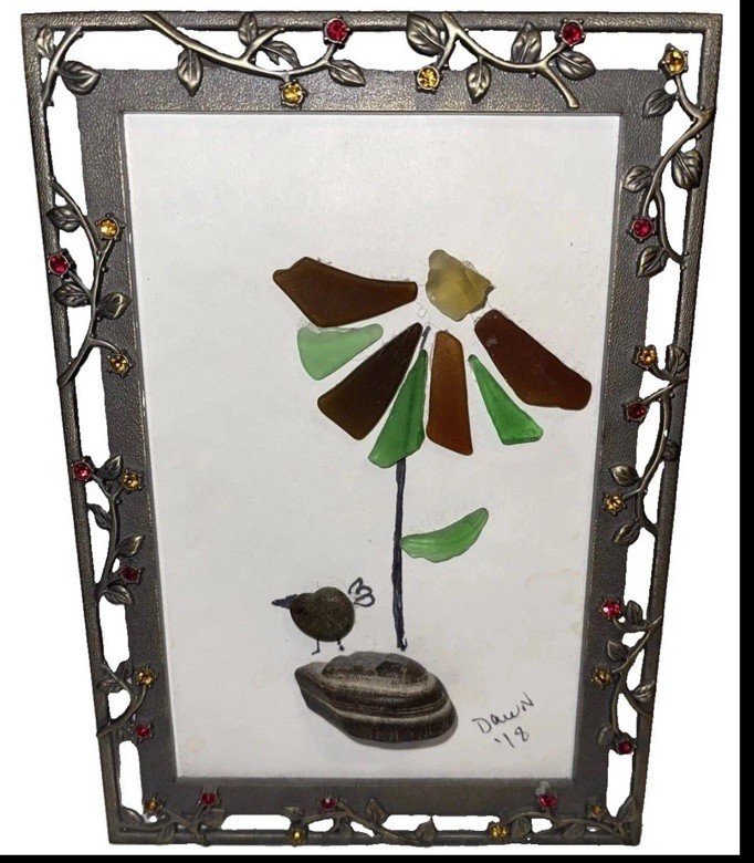 Cute Signed Dawn Bejeweled Framed Pebble art Picture Bird And Flower Cute Signed Dawn Bejeweled Framed Pebble art Picture Bird And Flower