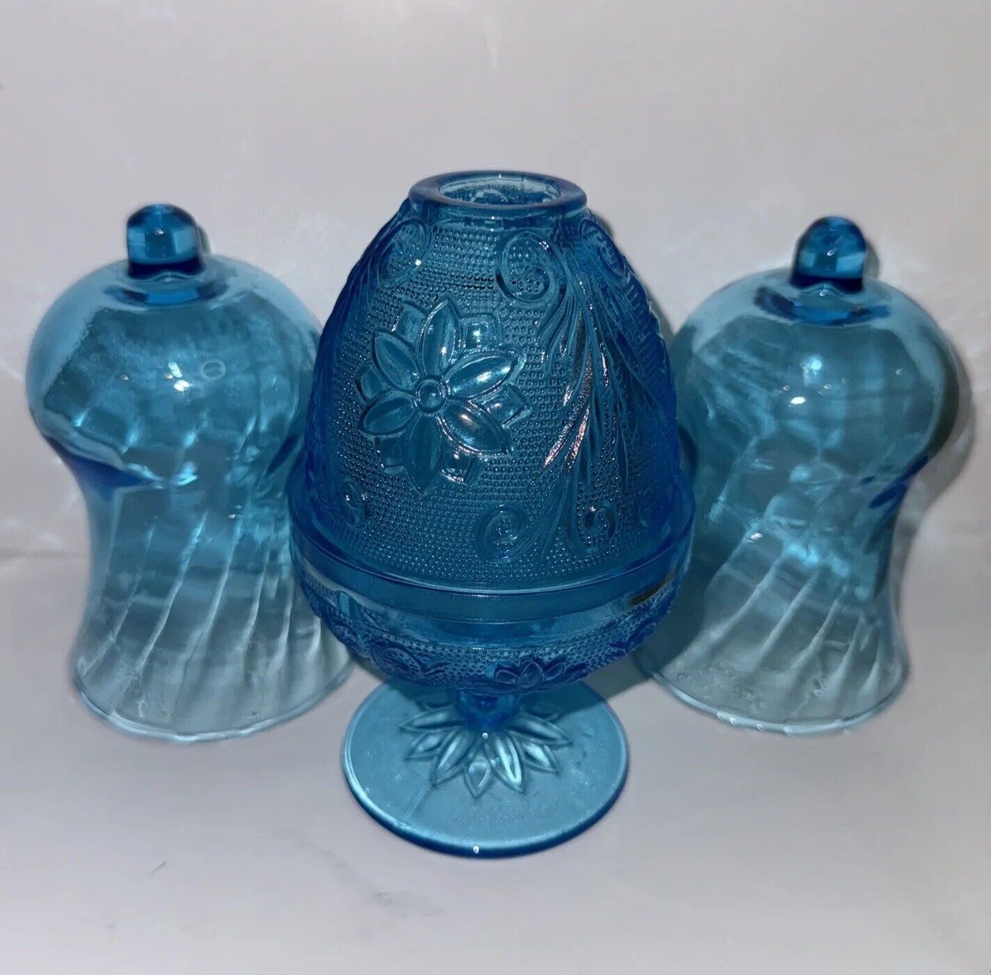 Vintage Tiara Glass Blue Chantilly Lace Fairy lamp - Candle Holders ORIGINAL BOX