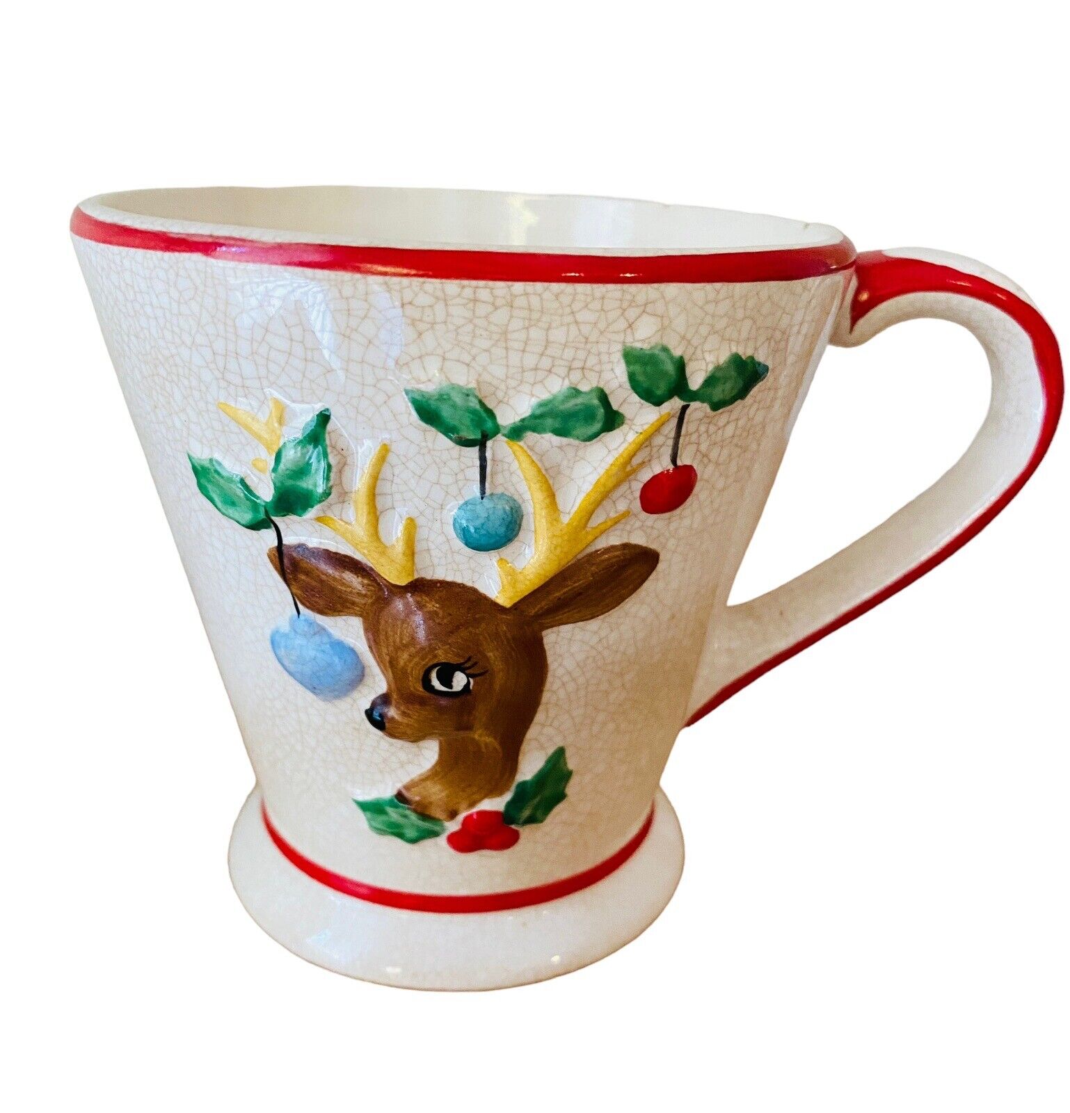 Vintage Reindeer Mug Ornaments And Holly Handled Mug 3.75 Inch High