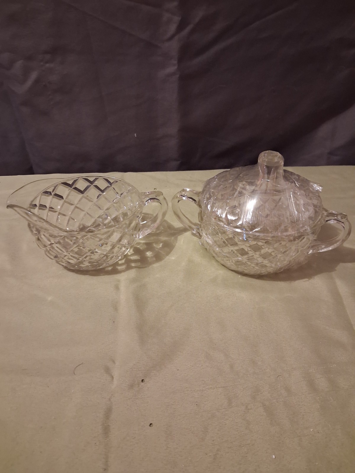 Vintage Anchor Hocking Waterford Waffle depression glass Oval sugar & creamer