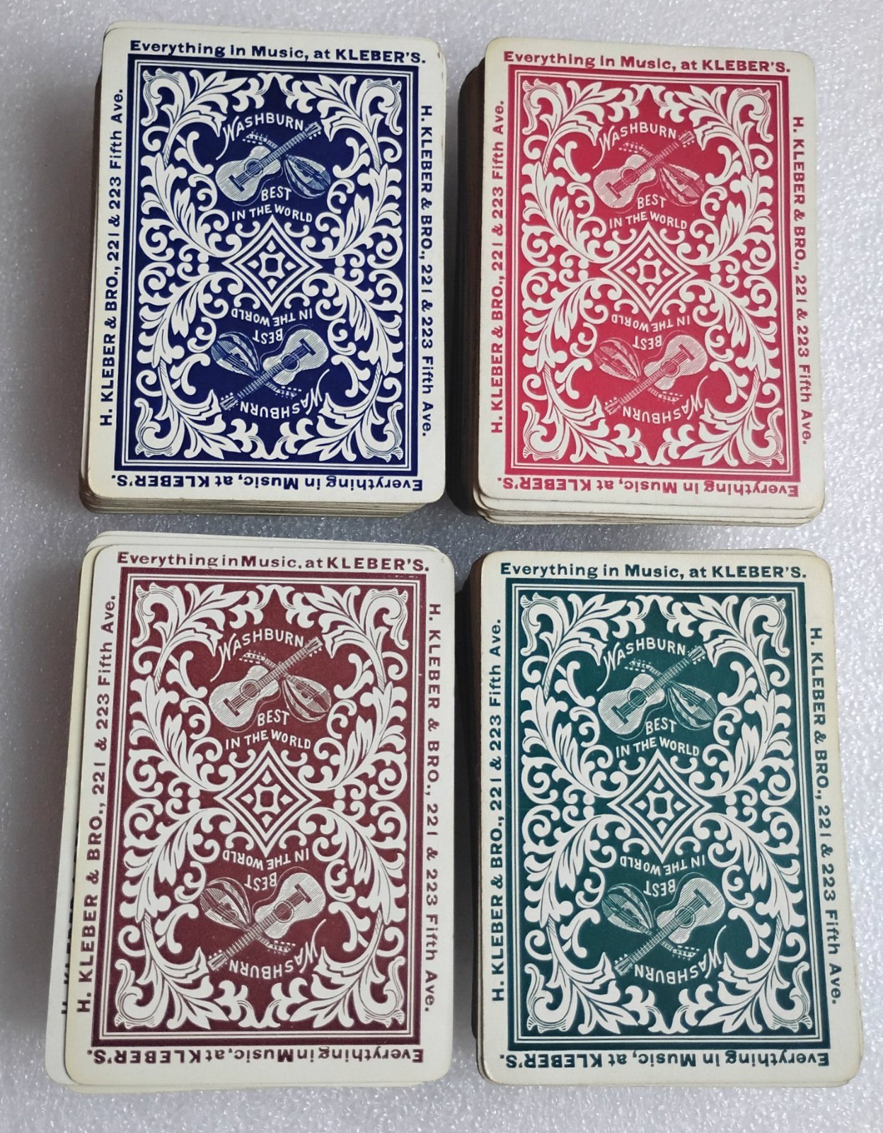 4 Decks Washburn Guitars Souvenir Playing Cards Red Green Brown Blue