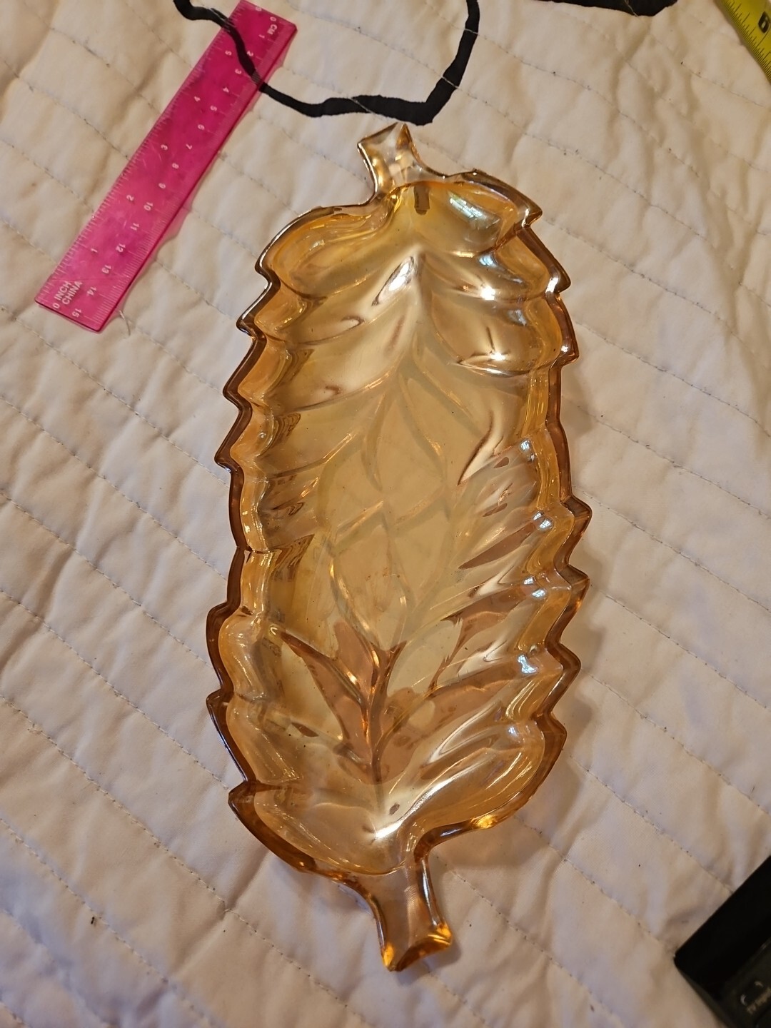 Vintage Jeanette Glass Marigold Carnival Glass Leaf Dish ~ EUC 