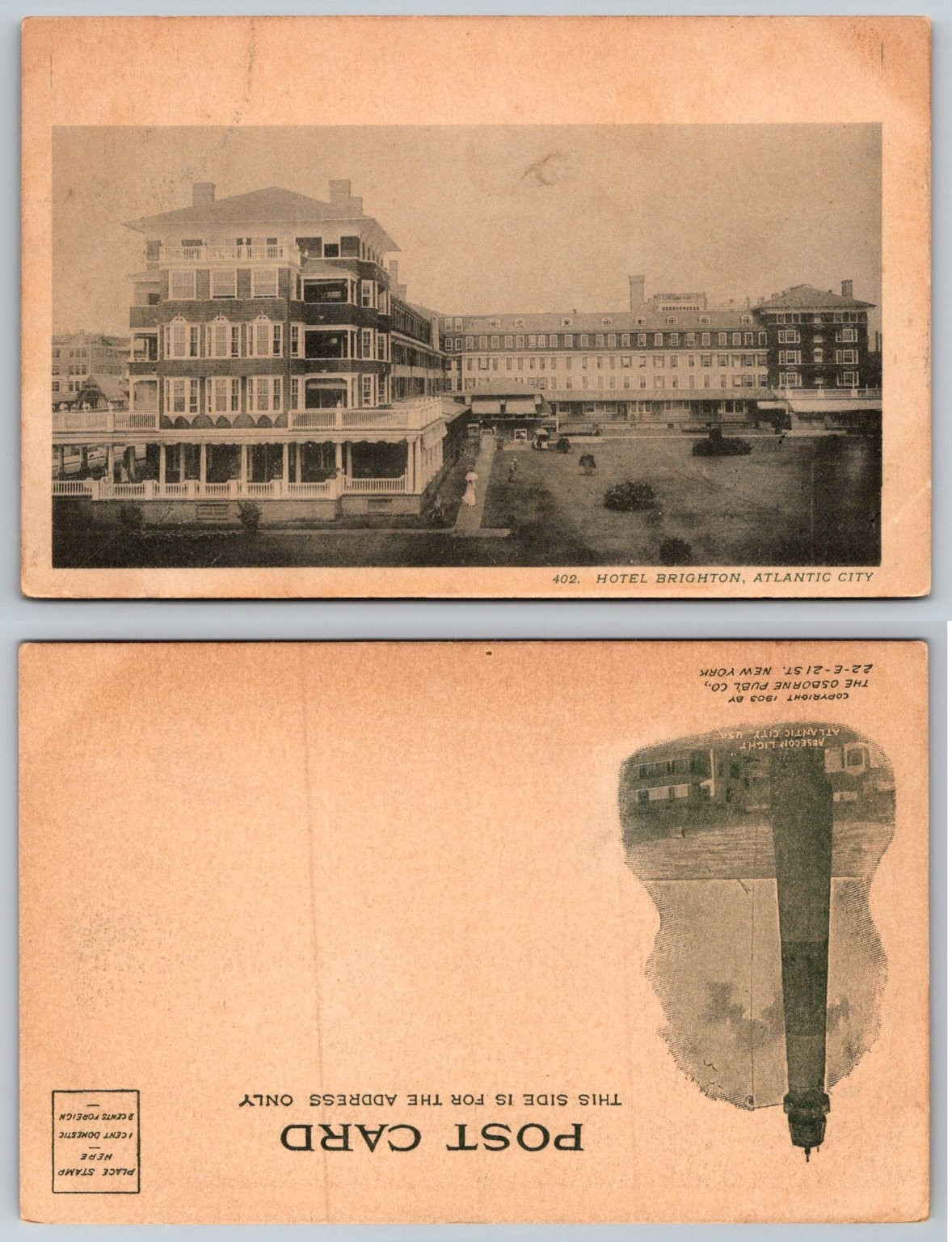 Hotel Brighton Atlantic City NJ Postcard 1903 Undivided Back Osborne Publ Co
