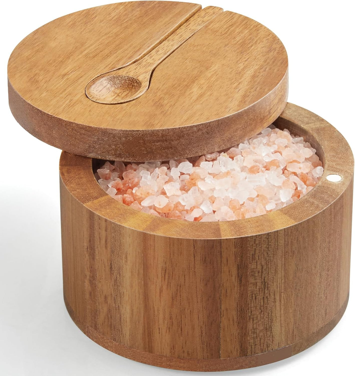 Salt Box Bowl with Lid and Spoon - Acacia Salt Cellar with 360° Swivel Lid - Sal