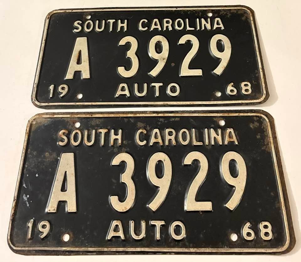 Vintage 1968 South Carolina License Plate Pair A 3929