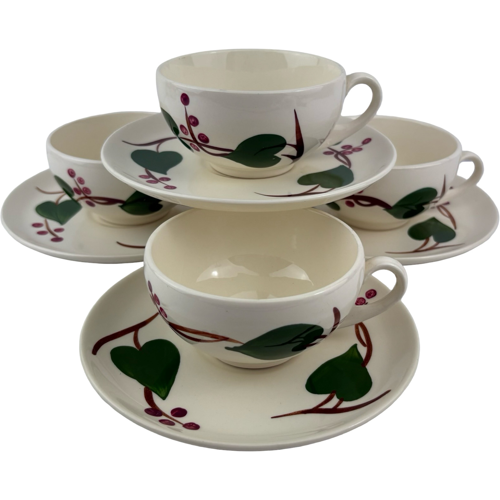 Blue Ridge Southern Pottery Stanhome Ivy Cups and Saucers Set of 4 VTG USA