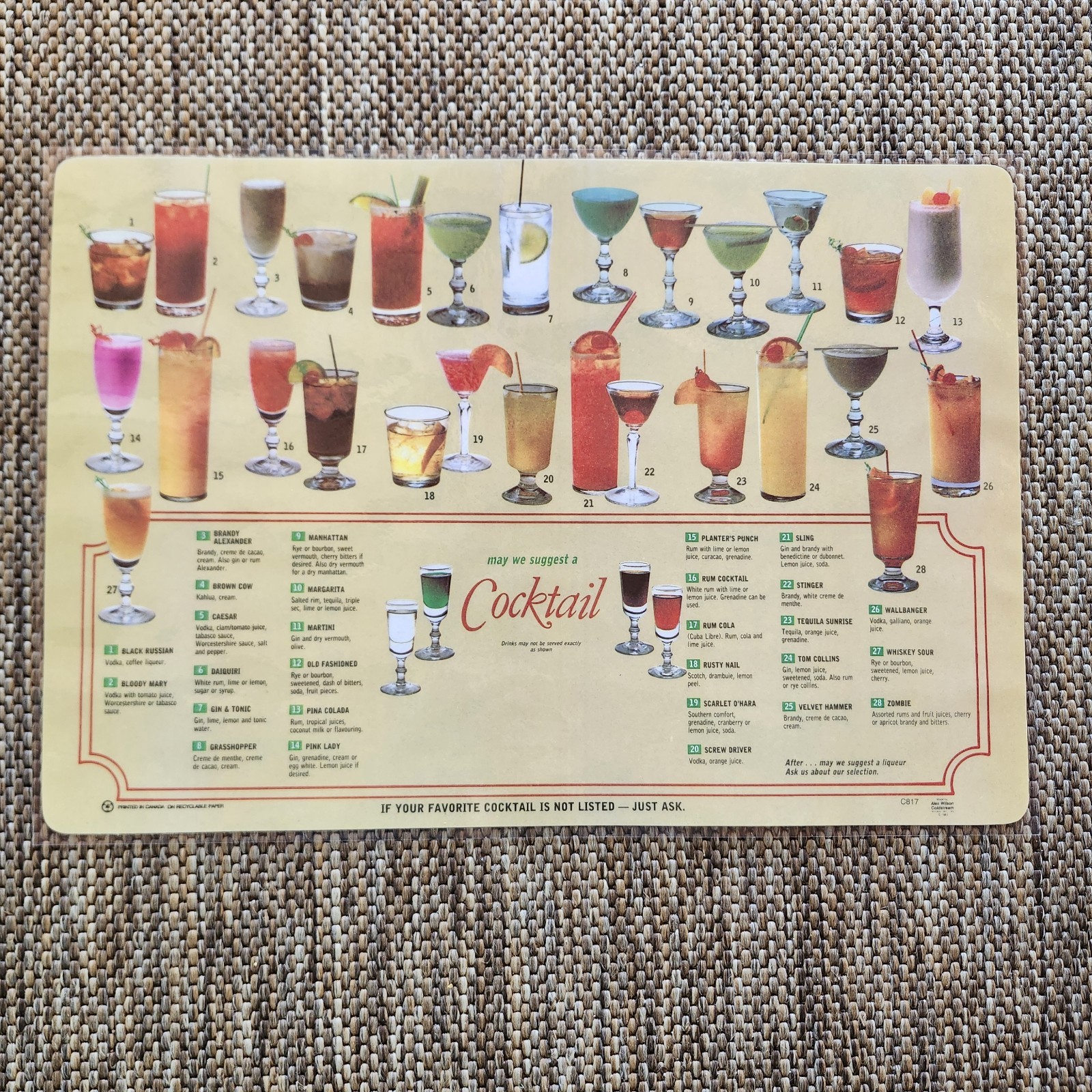 Vintage 80s Laminate Paper COCKTAIL RECIPE PLACEMAT bar lounge decor mixed drink