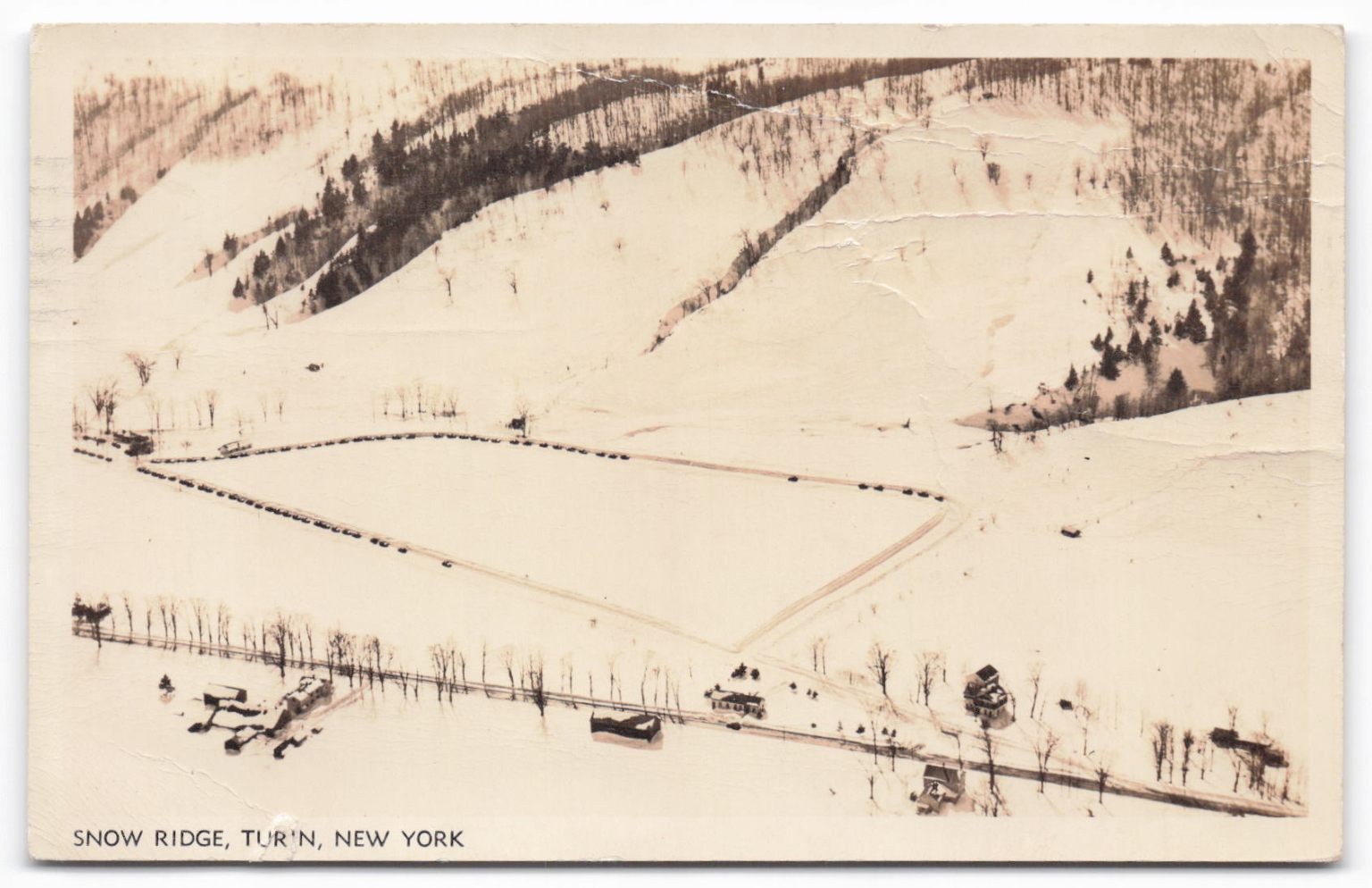 Vintage 1951 Snow Ridge Turin NY Ski Resort Aerial View Postcard Binghamton PM