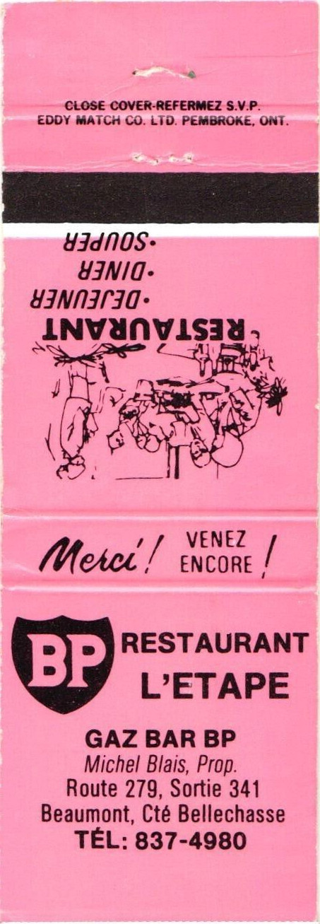 BP Restaurant L'Etape Beaumont Quebec Vintage Matchbook Cover 1960s-70s