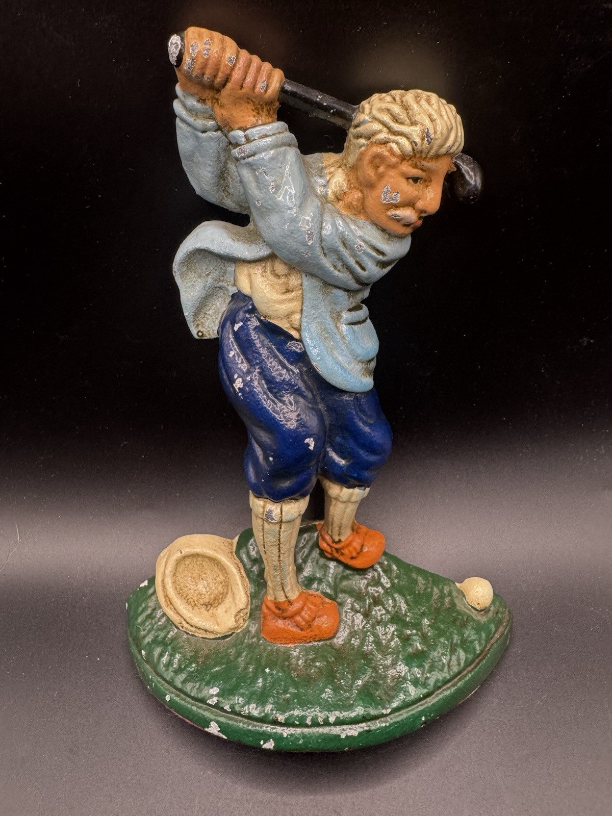 Vintage Cast Iron Golfer Golfing Doorstop Hand Painted 1990 Labeled VTG