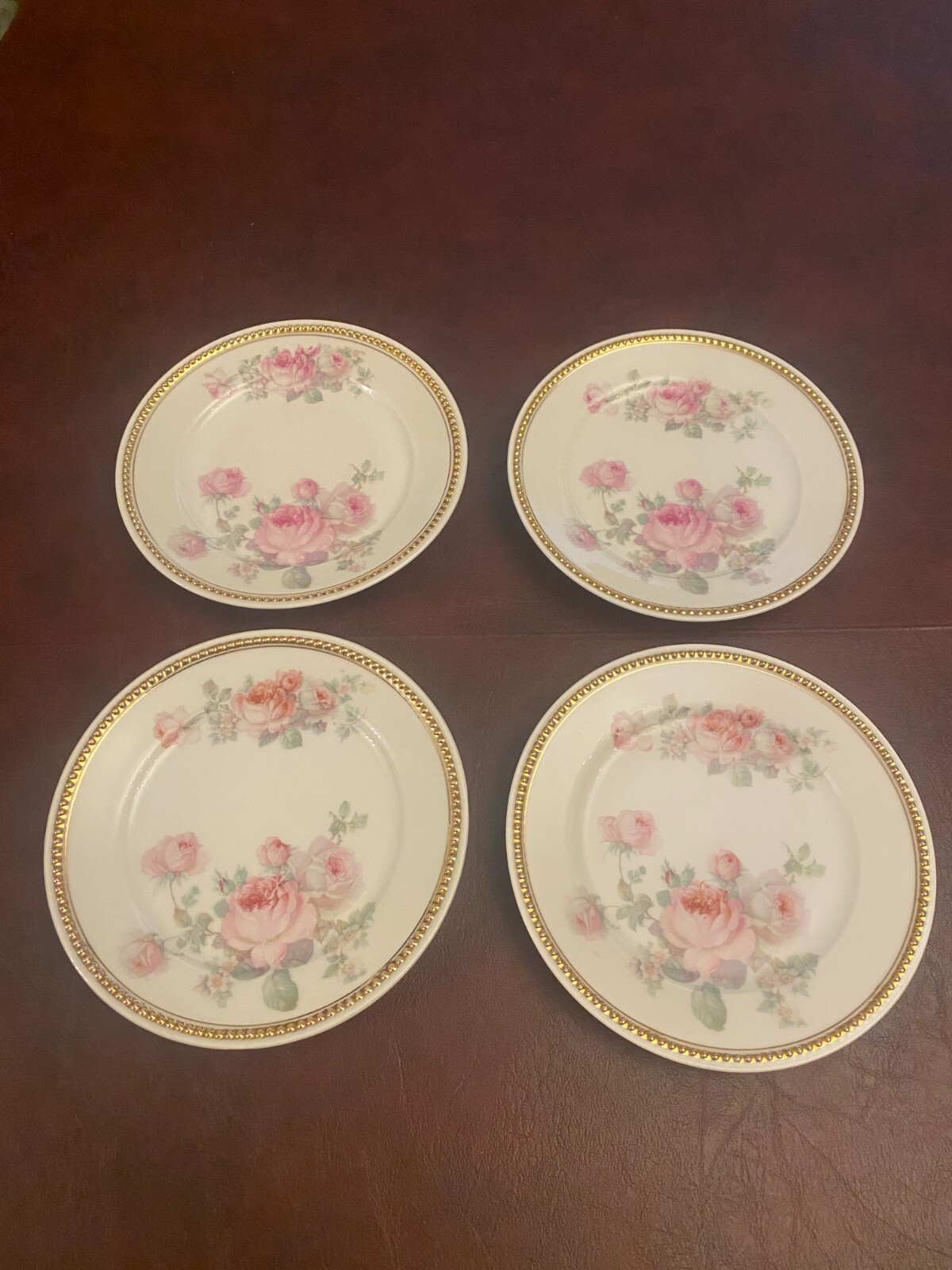 set of 4 german koenigszelt silesia roses floral gold gilt beaded bread plates