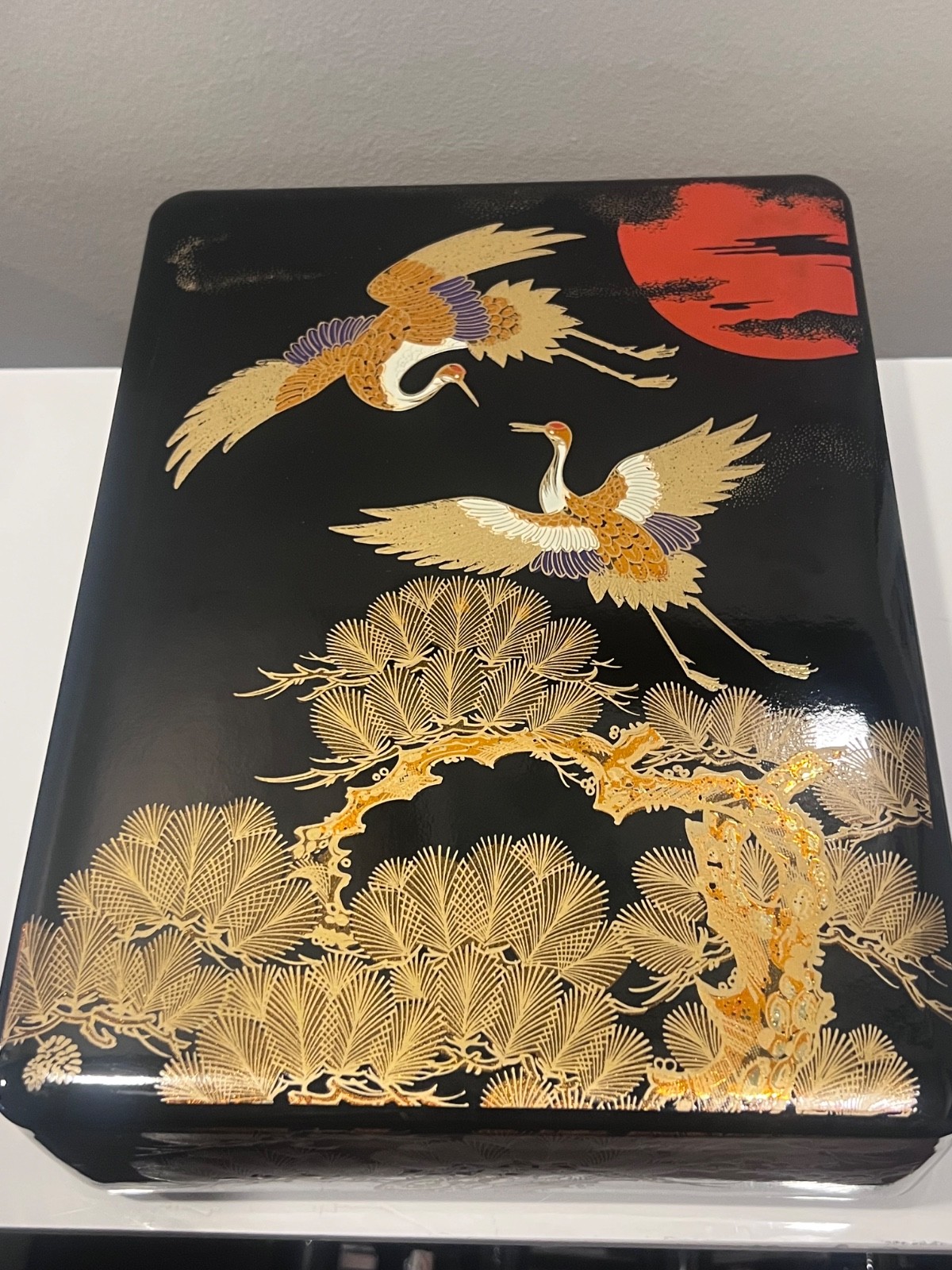 Urushi Japanese black lacquer large  Box with Crane design Japan