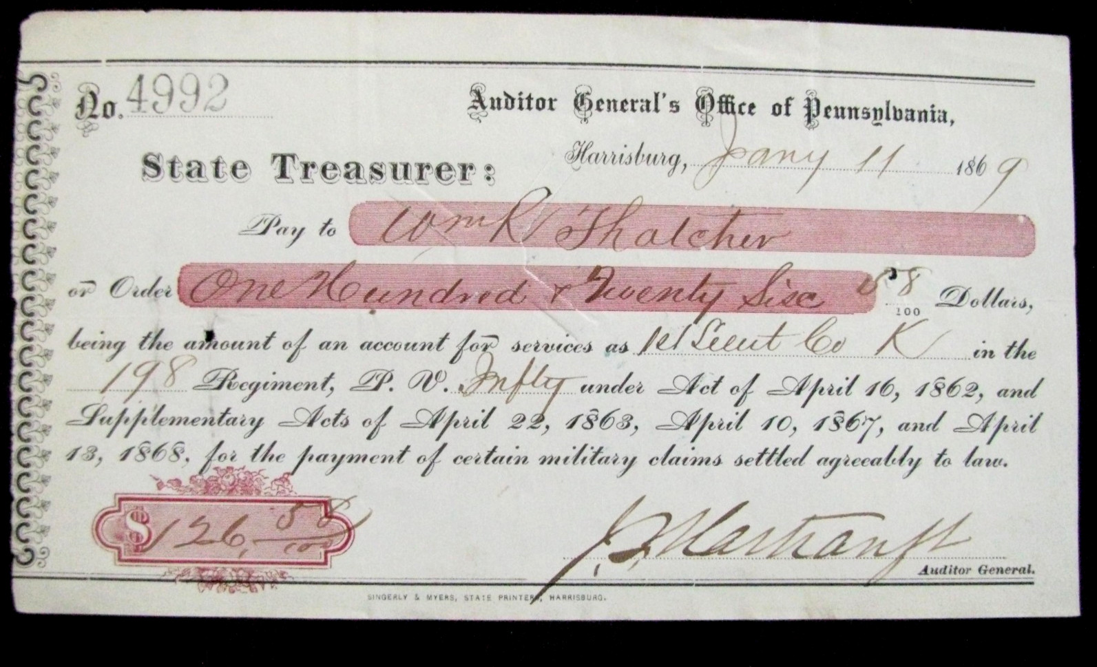 CIVIL WAR GENERAL JOHN HARTRANFT SIGNED PAY FOR 198TH PENNSYLVANIA OFFICER 1869