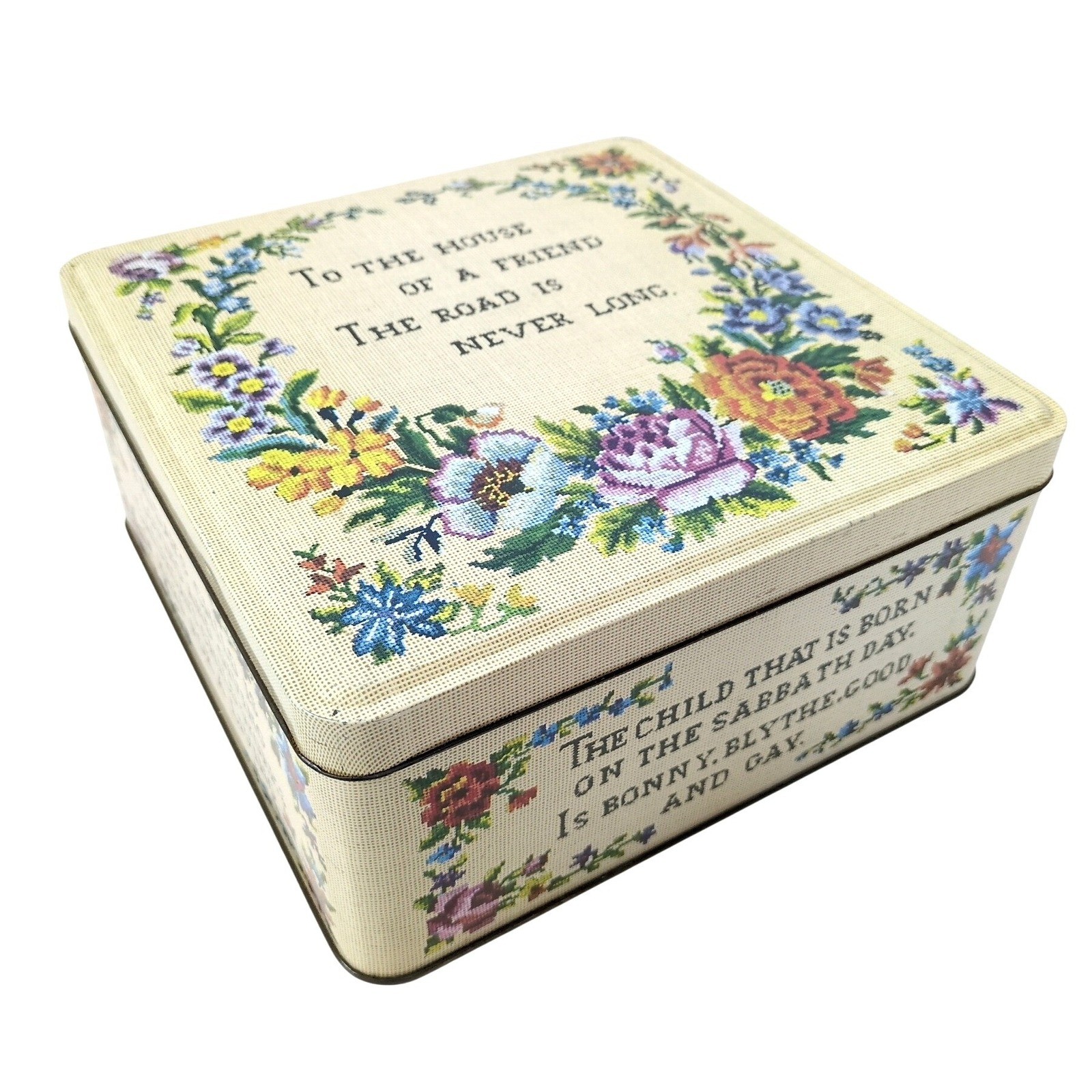 Vintage Carr's of Carlisle England Needlepoint Floral Tin Box Cottagecore Cream