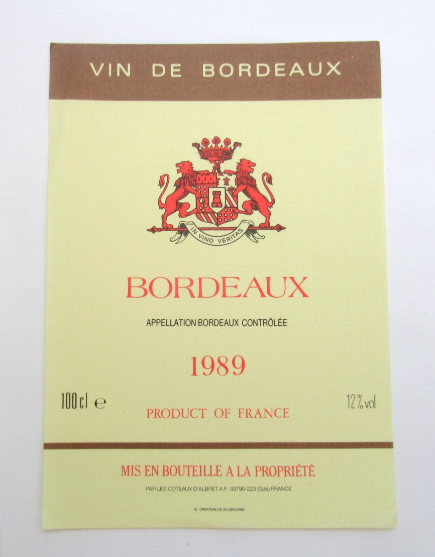 Vintage 1989 Vin de Bordeaux Wine Label Les Coteaux d\'Albret France