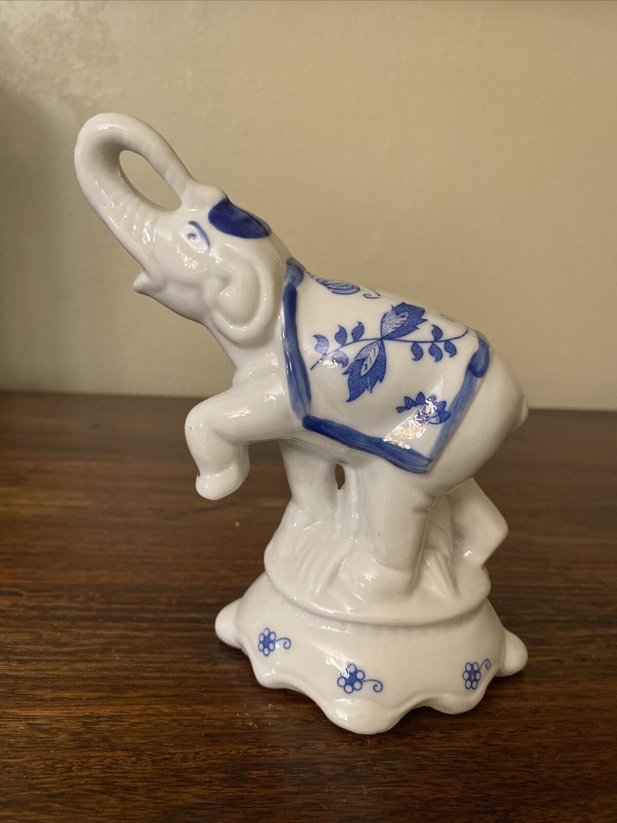Vintage Elephant Porcelain Figurine Statue Blue White Elephant