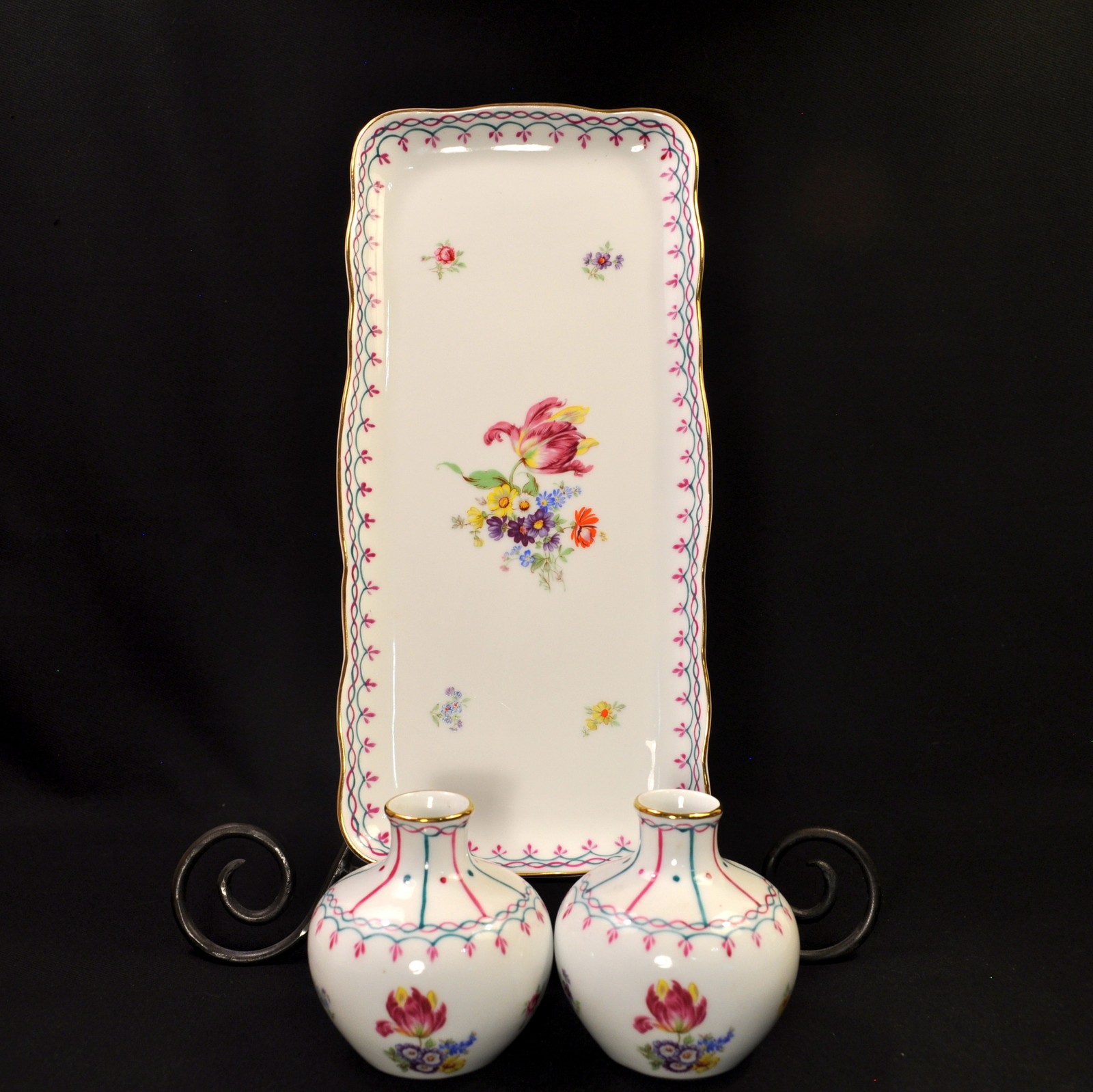 KPM Vanity Tray & 2 Vases Silesia Krister 1844-1847 Hand Painted Floral w/Gold