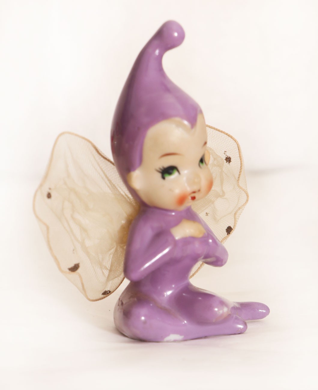 50\'s Purple Fairy Ceramic Figurine Japan Mesh Wings Elf Pixie Girl RARE vintage