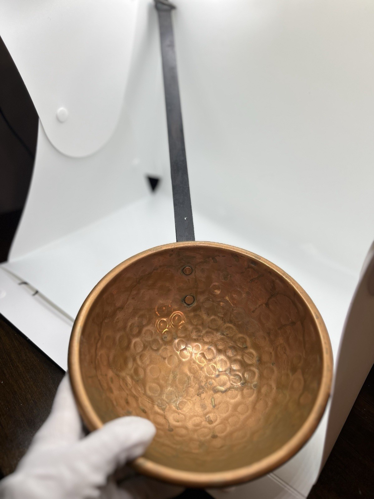 Vtg Hammered Copper Ladle Bowl 7 3/4 in Diam with 14 in Wrought Iron Handle