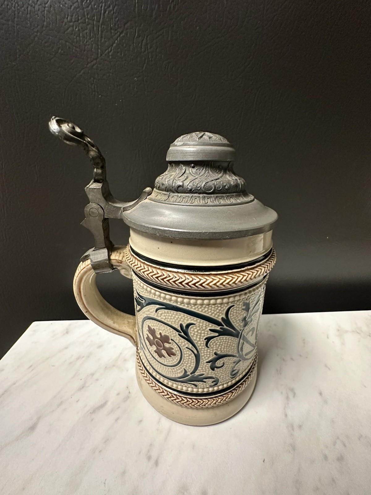 Antique German Stoneware Stein Pewter Lid Westerwald Cobalt Scrollwork #1067