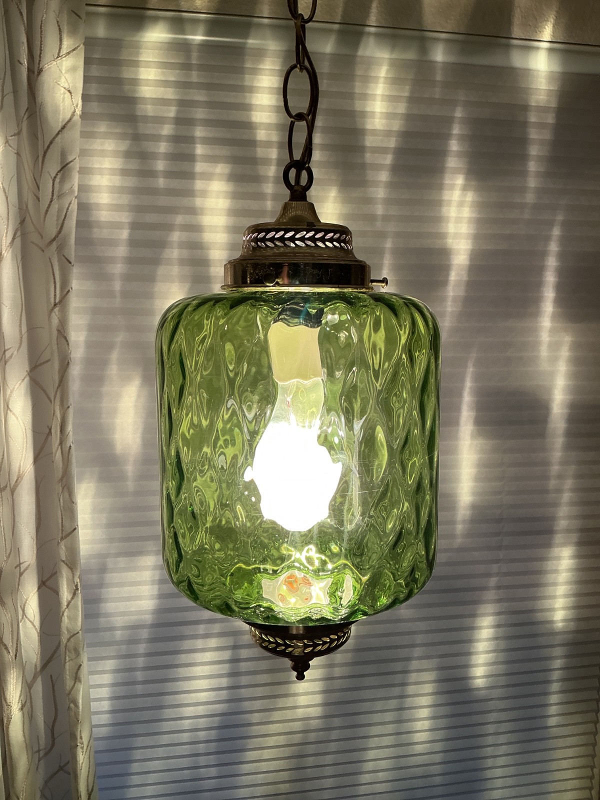 Vintage 1960s Green Dimpled Art Glass Light Swag Lamp Optic MCM
