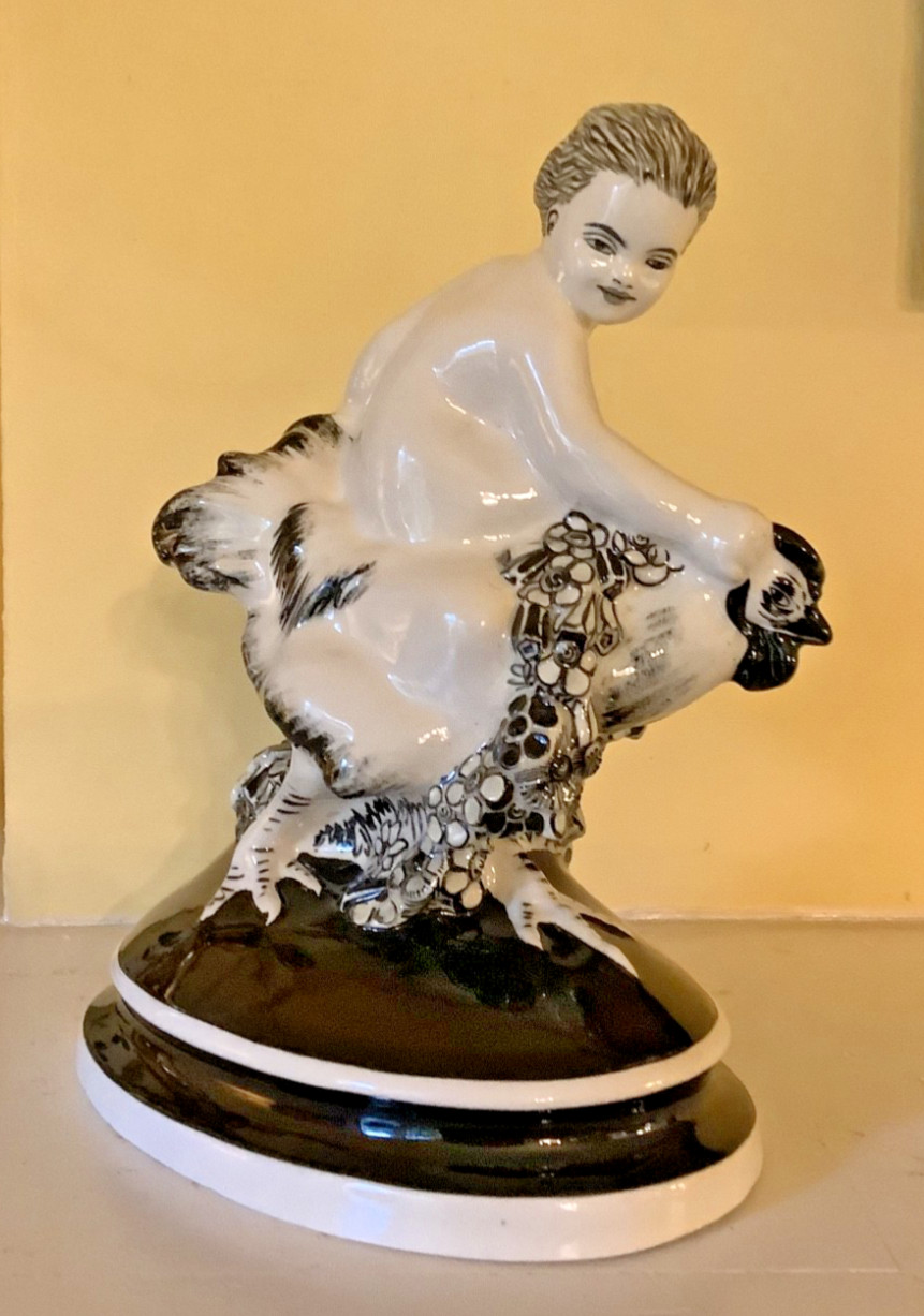 RARE Wiener Werkstatte Putto Riding Rooster Figurine, c1910, Art Nouveau Viennna