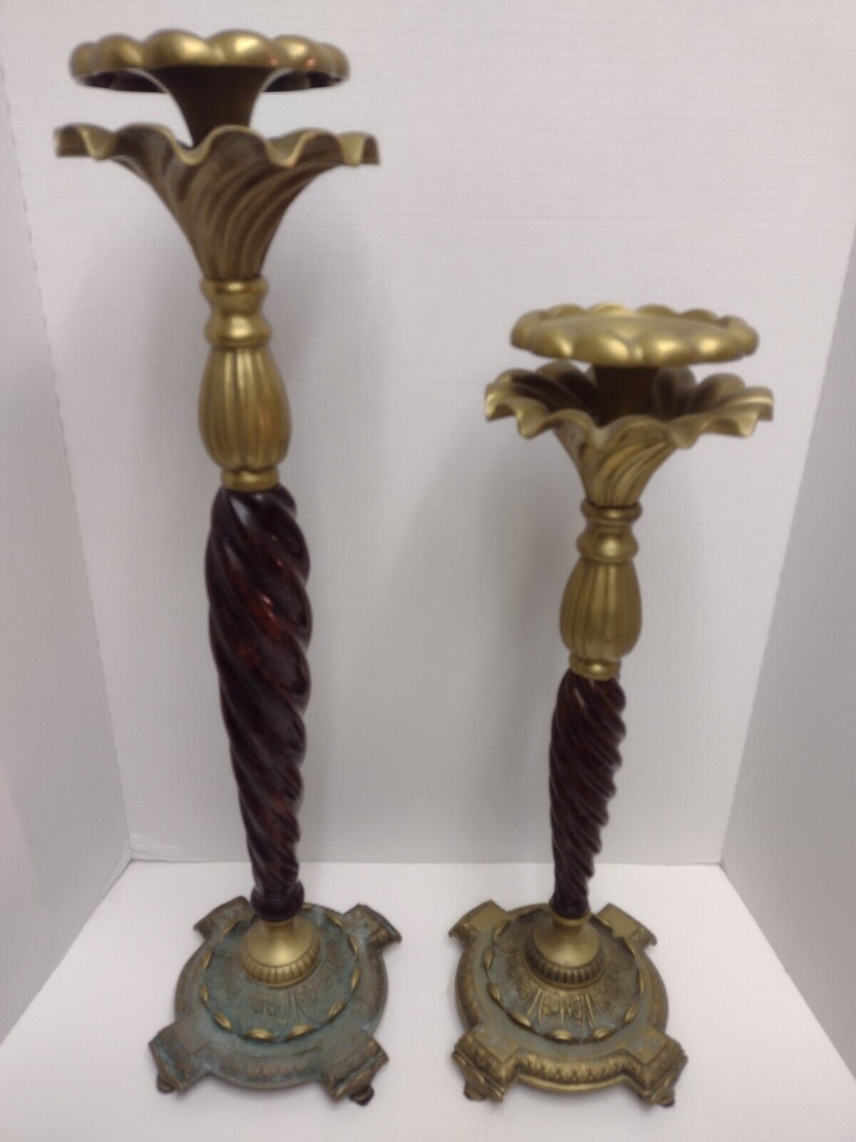 Huge Decorative Brass Candle Holders Polished Wooden Spiral  Ruffle Pair Mcm 