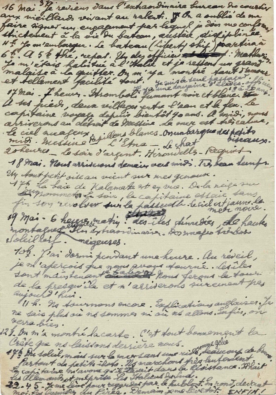 Paul ÉLUARD on his way to Greece.  Autograph manuscript. Logbook. 1946