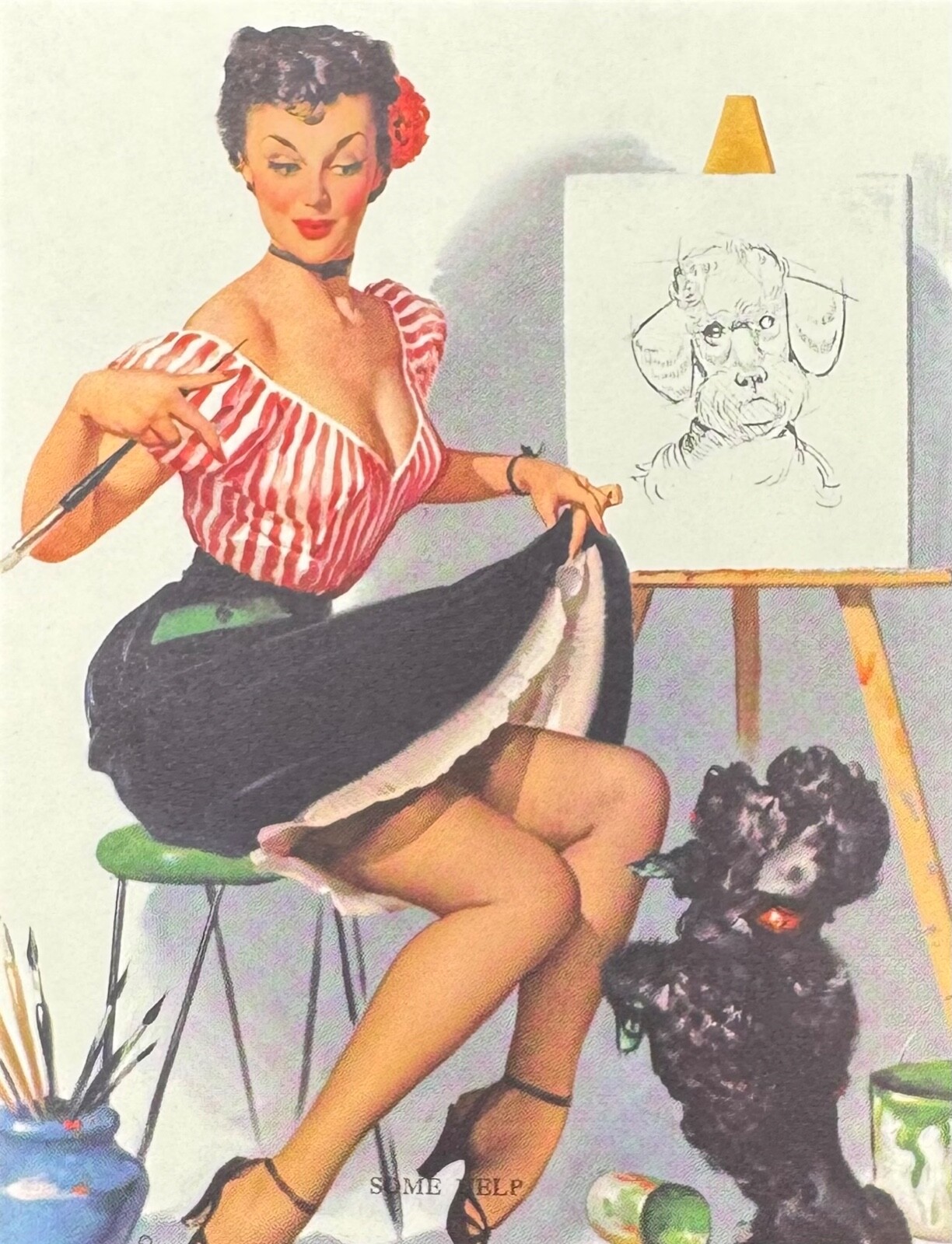Original Vintage 1950s Gil Elvgren 5x4 Pin-Up Print Some Help, Beauty and Dog