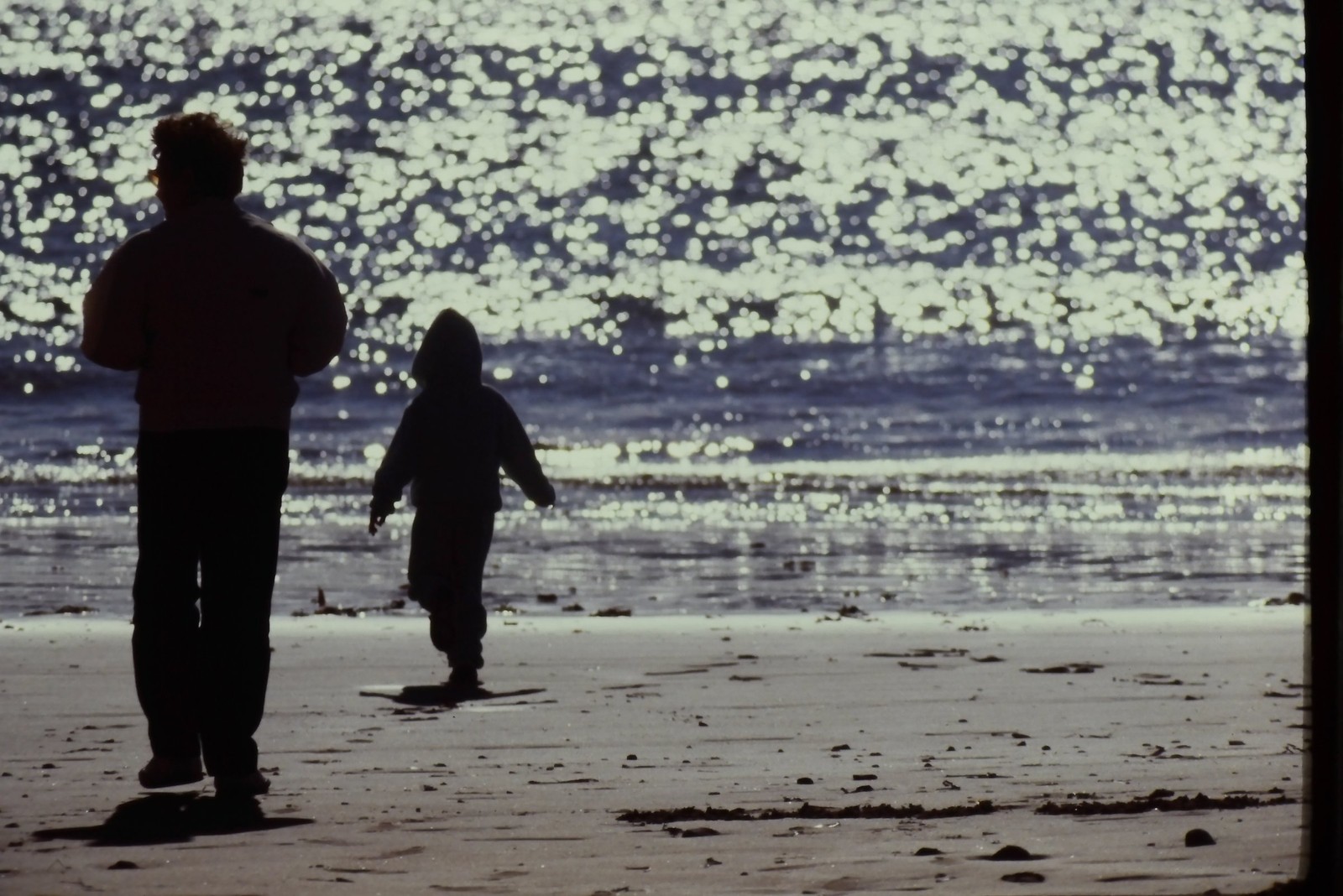 c1970\'s Kodachrome 35mm Slide, Parent Child Beach Walk Ocean Reflections Family