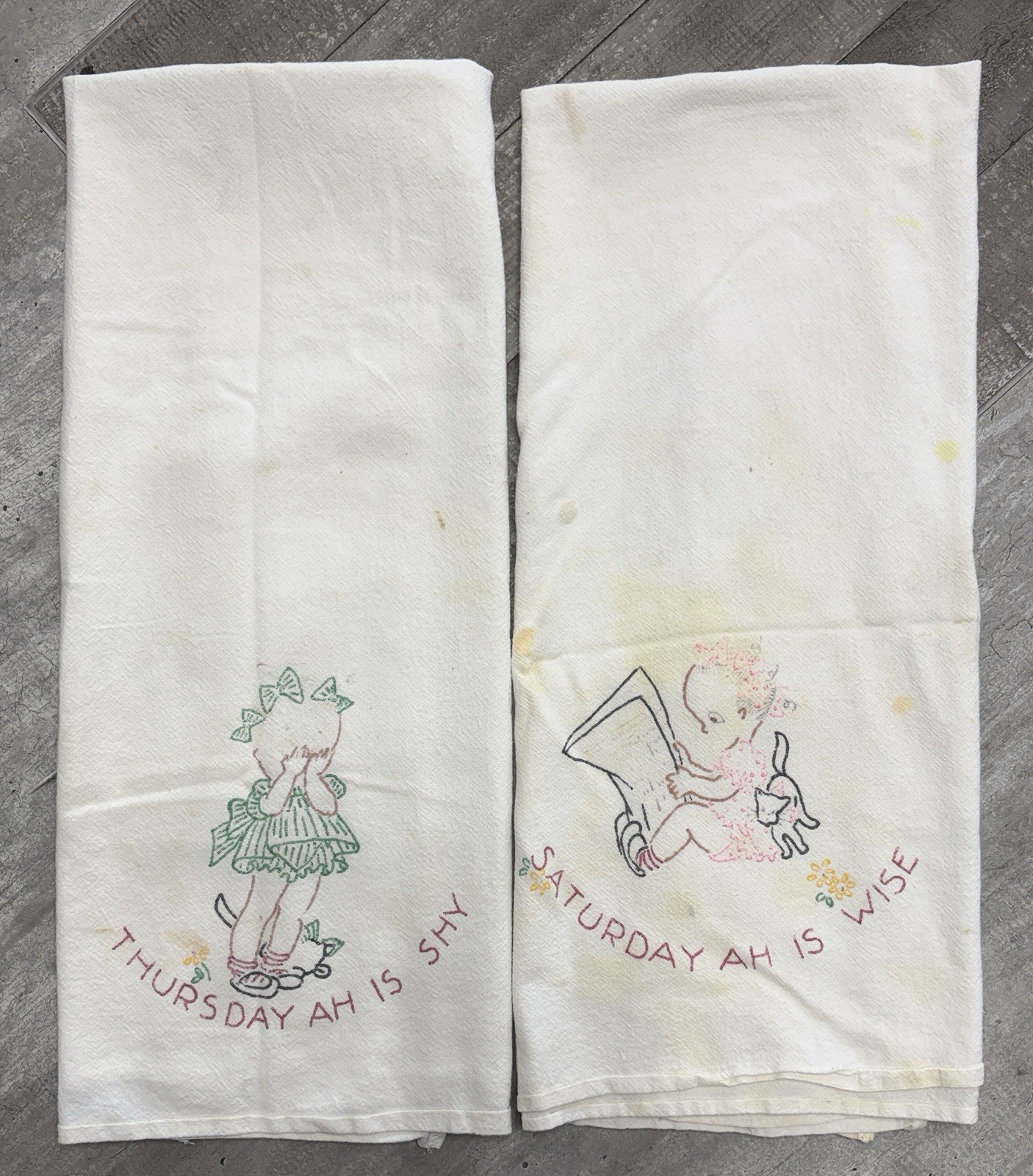 Vintage Girl Days of the Week Tea Towels Set of 2 Thurs & Sat READ DESCRIPTION