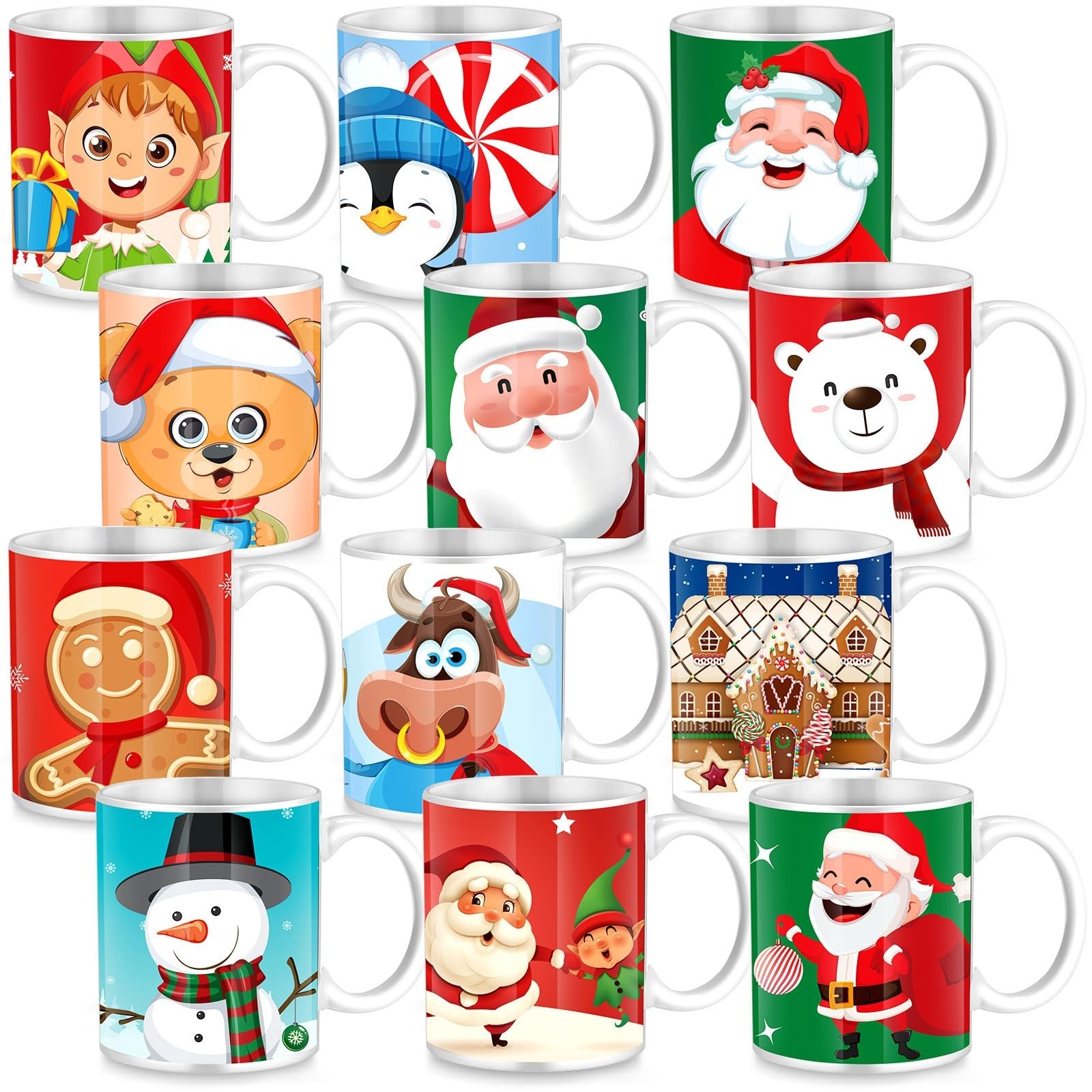 Tioncy 12 Pcs Christmas Coffee Mugs Set 11 oz Ceramic Christmas Mugs with Han...