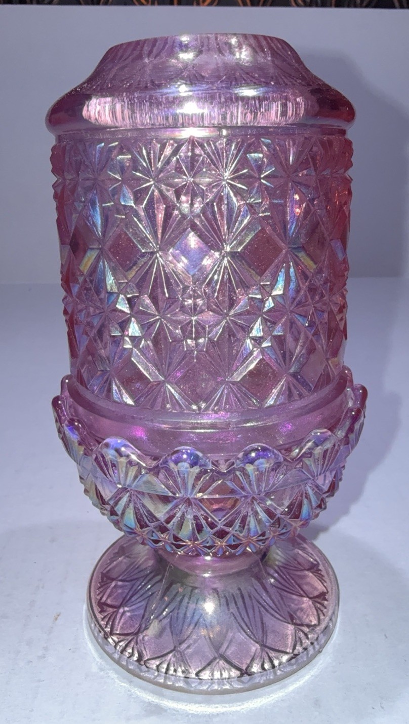 Vtg Fenton Carnival Iridescent Pink Rose Art Glass Fine Cut Block Fairy Lamp 