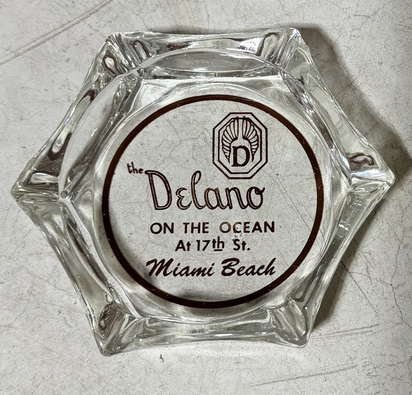 Vtg 1950s Delano Hotel Miami Beach Florida Glass Advertising Ashtray Art Deco