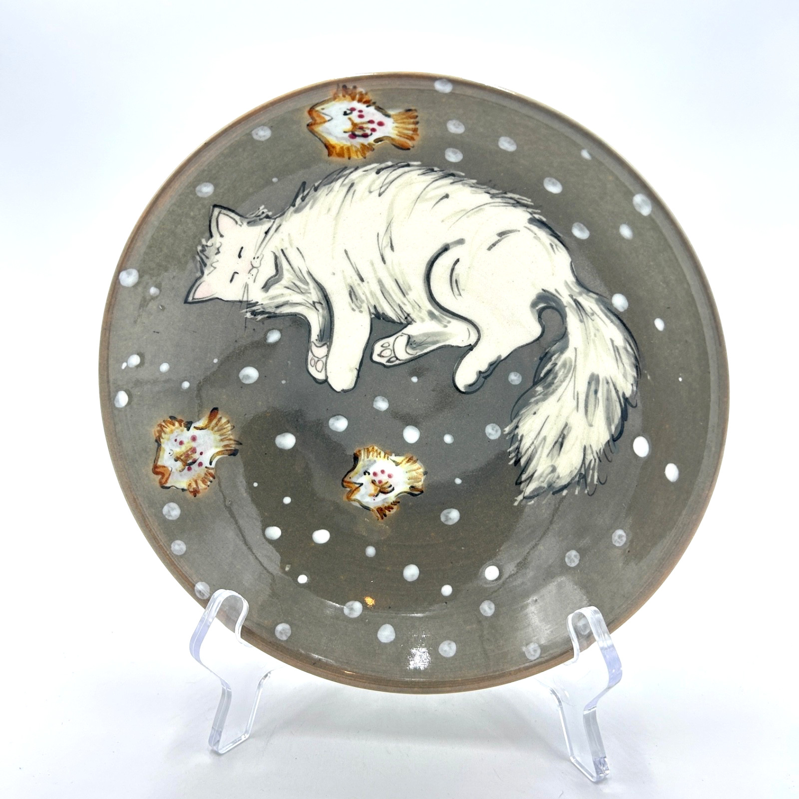 Vint 1986 Mei Ming Ware Hand Painted Bowl w/Sleeping White Cat & Fish Design Vint 1986 Mei Ming Ware Hand Painted Bowl w/Sleeping White Cat & Fish Design
