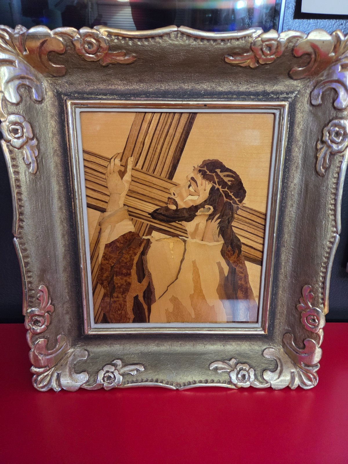 Vintage 1977 Czech Religious Wood Marquetry Art Jesus Carrying Cross Signed Fram Vintage 1977 Czech Religious Wood Marquetry Art Jesus Carrying Cross Signed Fram