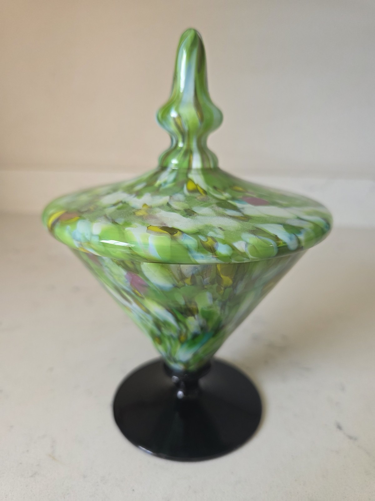 Rare Vintage MCM Czech Glass Lidded Candy Dish Compote Splatter Art Glass 
