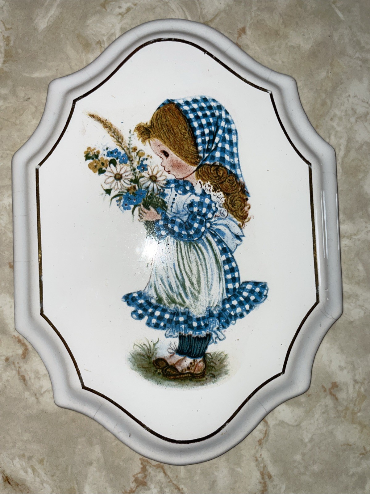 Vintage 1970s Pictorial Plaque Girl Bonnet Simple Bouquet Gingham