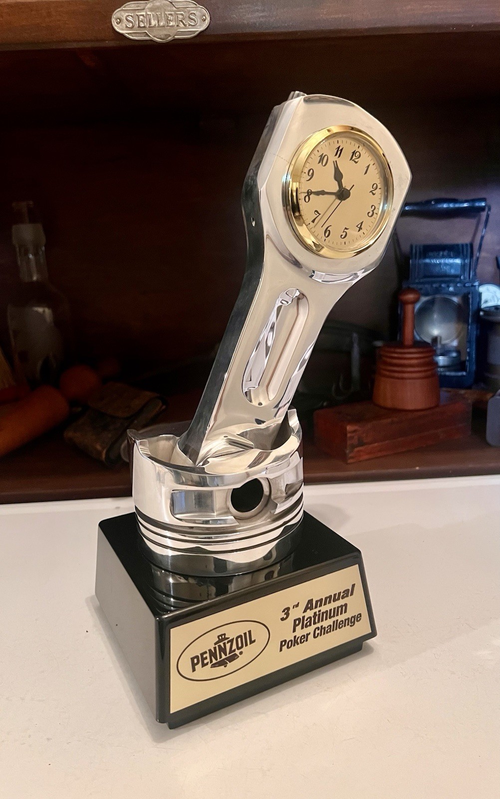 REAL Piston & Rod Aluminum Clock Trophy PENNZOIL Platinum Poker Challenge 13”