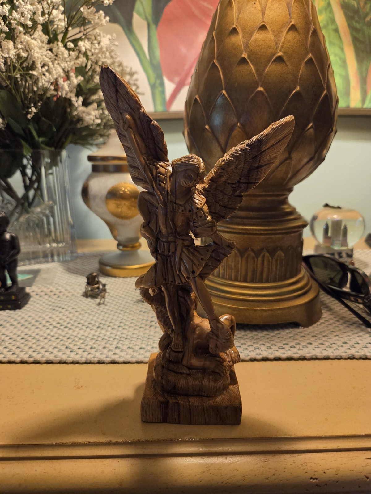 Vintage Hand Carved Wooden St Michael Archangel Statue Satan's Defeat 