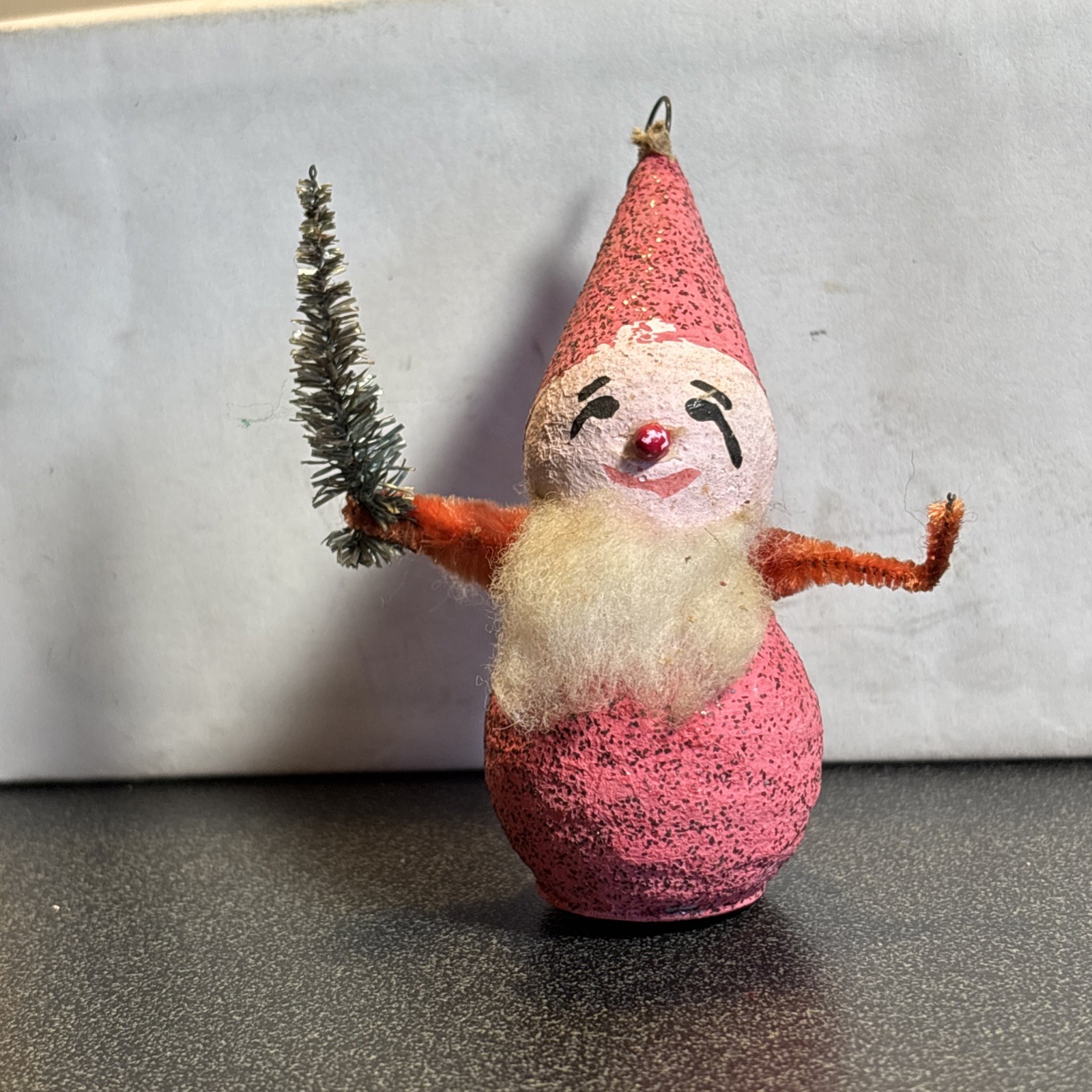 Vintage Christmas Spun Cotton Mica Pink Santa Elf Ornament Putz Japan 3-1/4”
