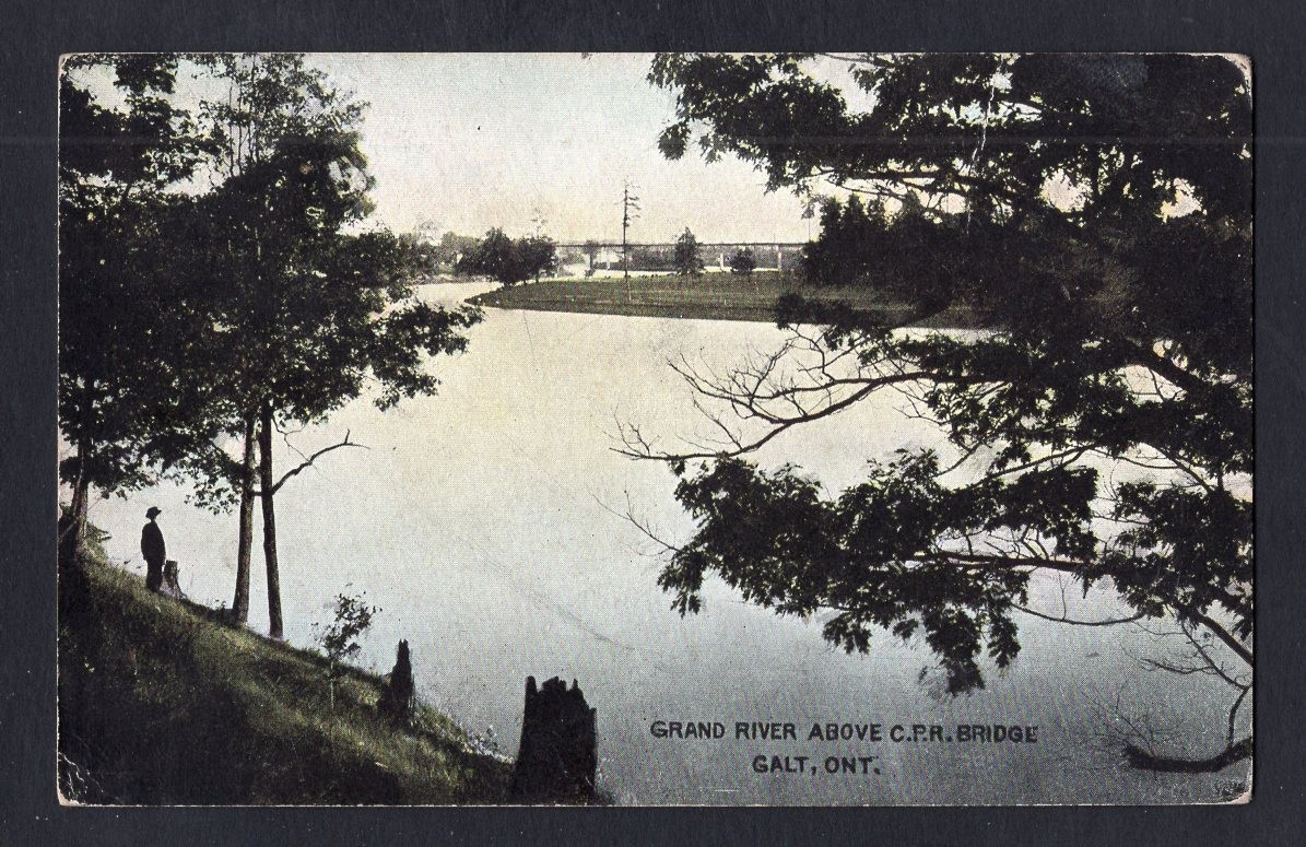 GALT Ontario 1907 Postcard; Grand River above CPR Bridge