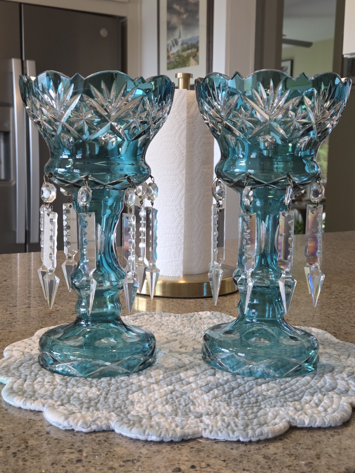 Pair of Victorian Style Sapphire Blue Glass Mantle Lusters W/ Crystal Prisms 11\