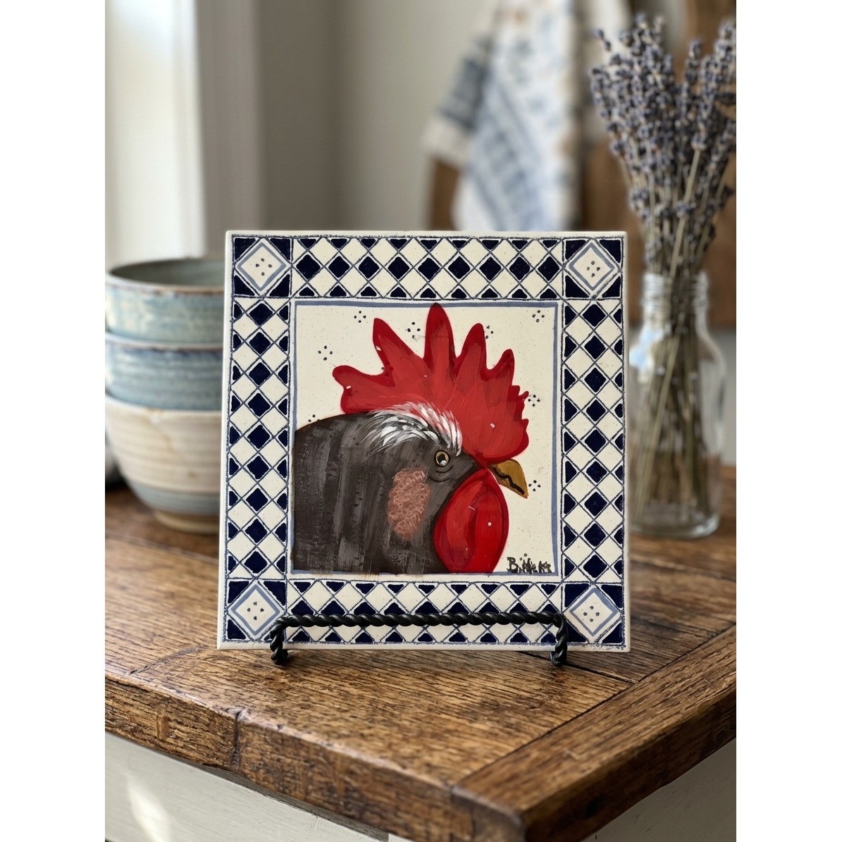 VTG B. Hicks Hand Painted Rooster Ceramic Tile Italy Blue White Farmhouse Art